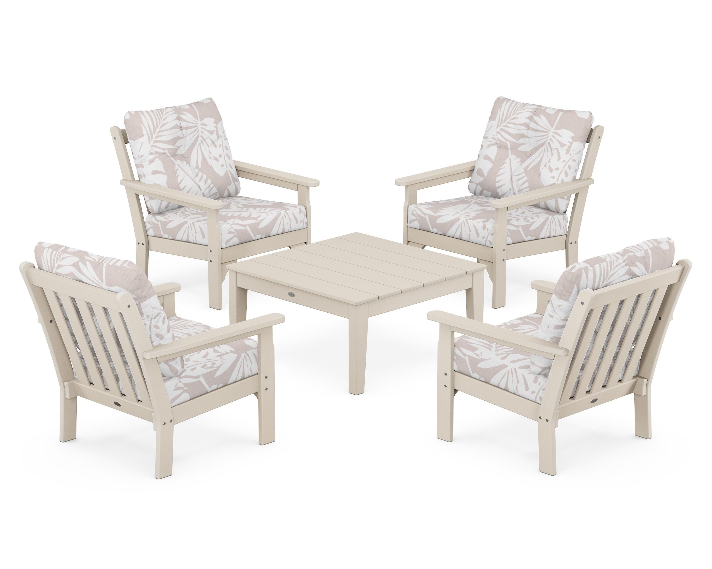 POLYWOOD® Vineyard 5-Piece Deep Seating Conversation Set in Sand / Leaf Dune Burlap