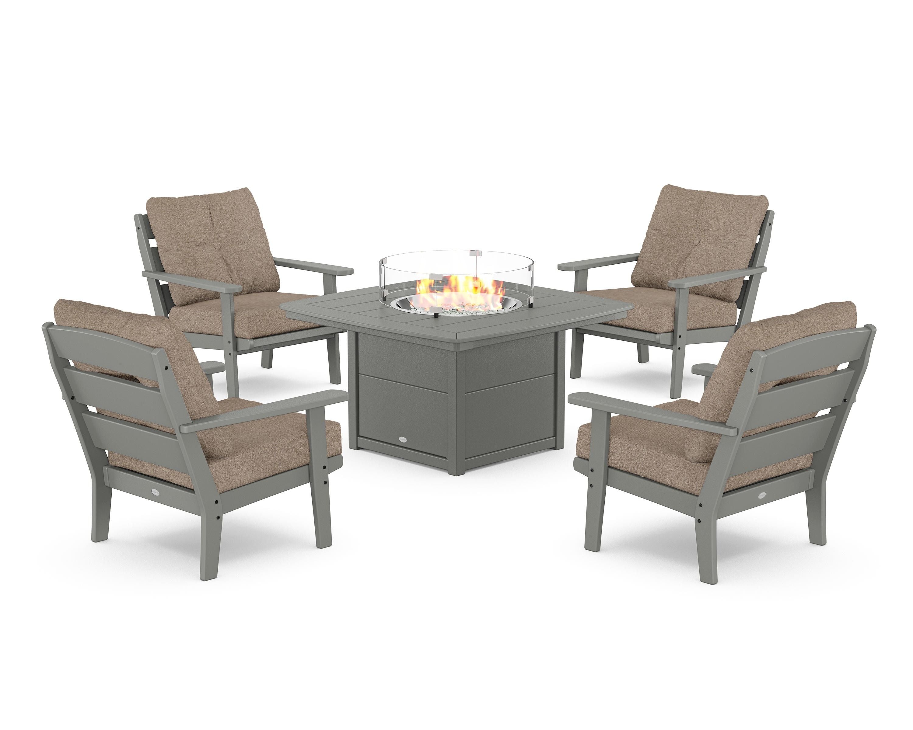 POLYWOOD® Lakeside 5-Piece Deep Seating Set with Nautical Fire Pit Table in Slate Grey / Spiced Burlap