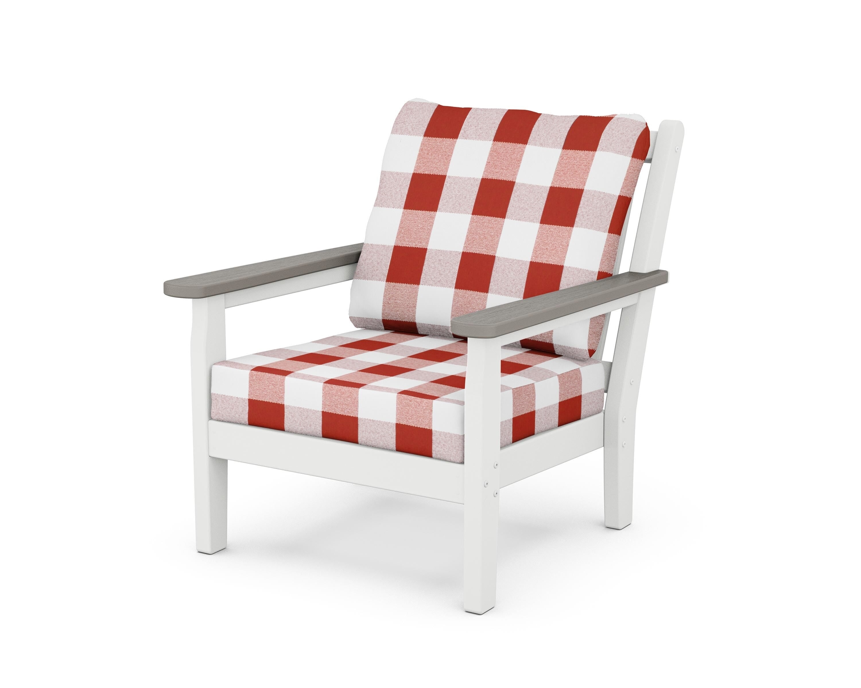 POLYWOOD® Chippendale Deep Seating Chair in White / Driftwood / Buffalo Plaid Crimson
