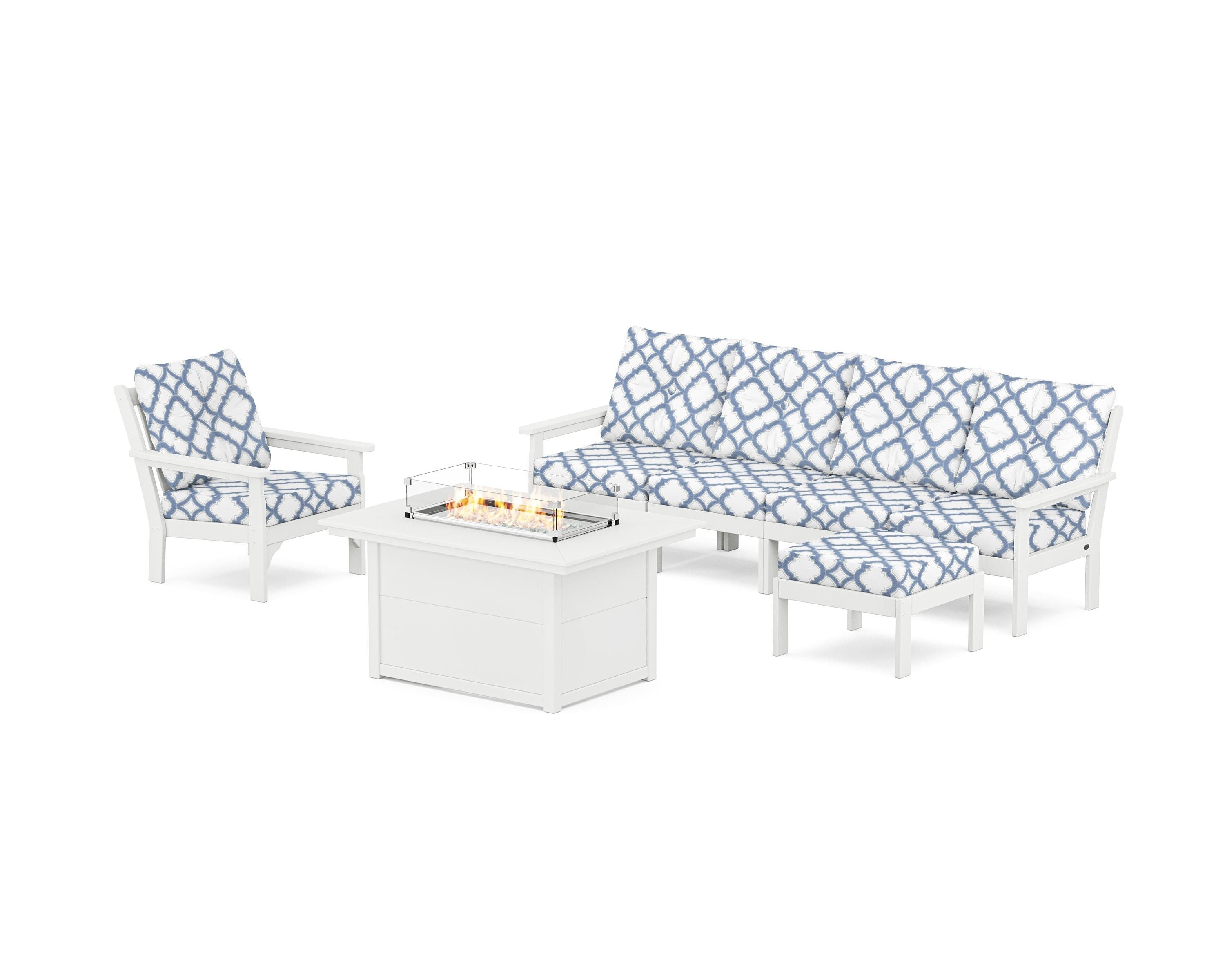 POLYWOOD® Vineyard Sectional Lounge and Fire Pit Set in White / Trellis Sky Blue