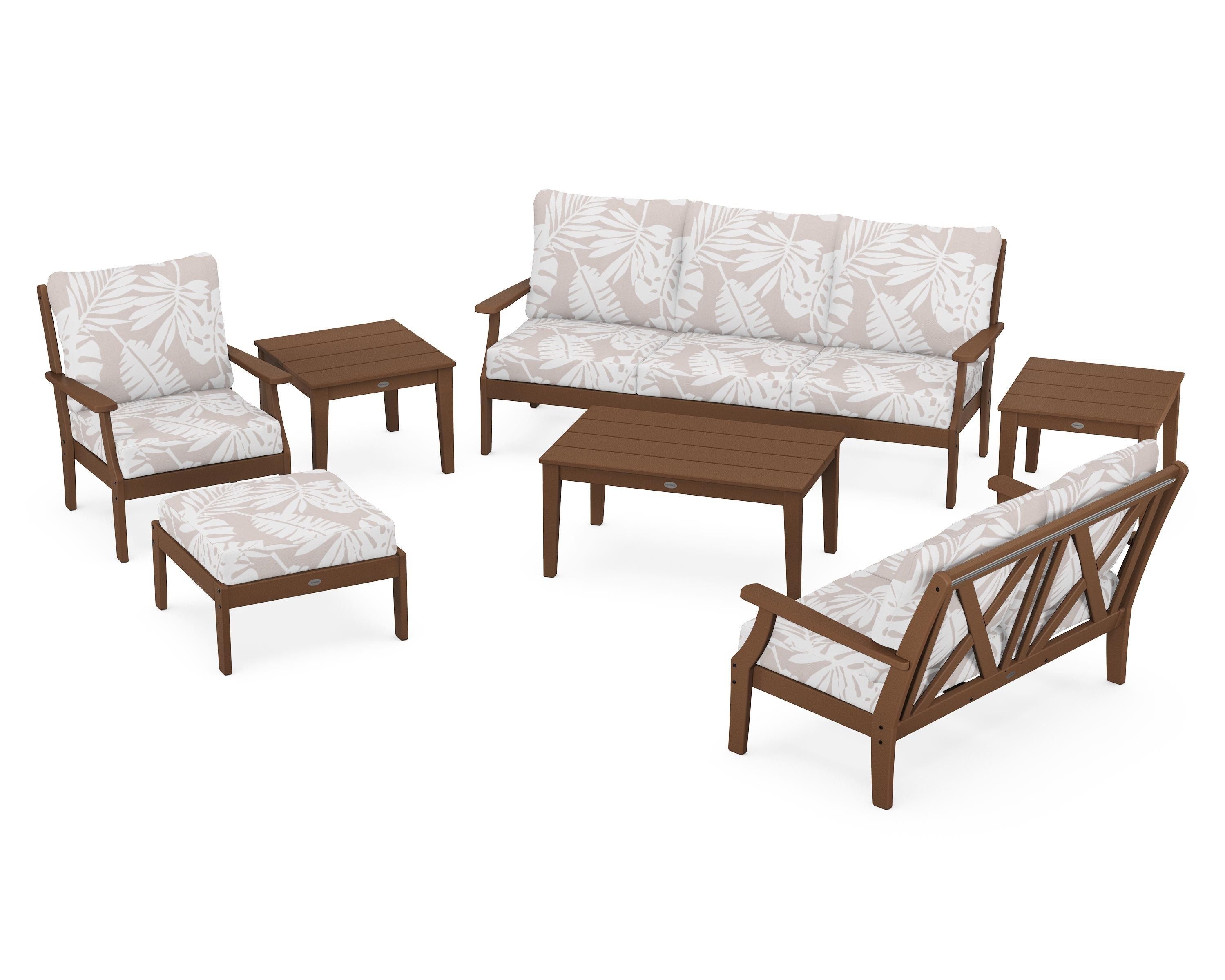 POLYWOOD® Braxton 7-Piece Deep Seating Set in Teak / Leaf Dune Burlap