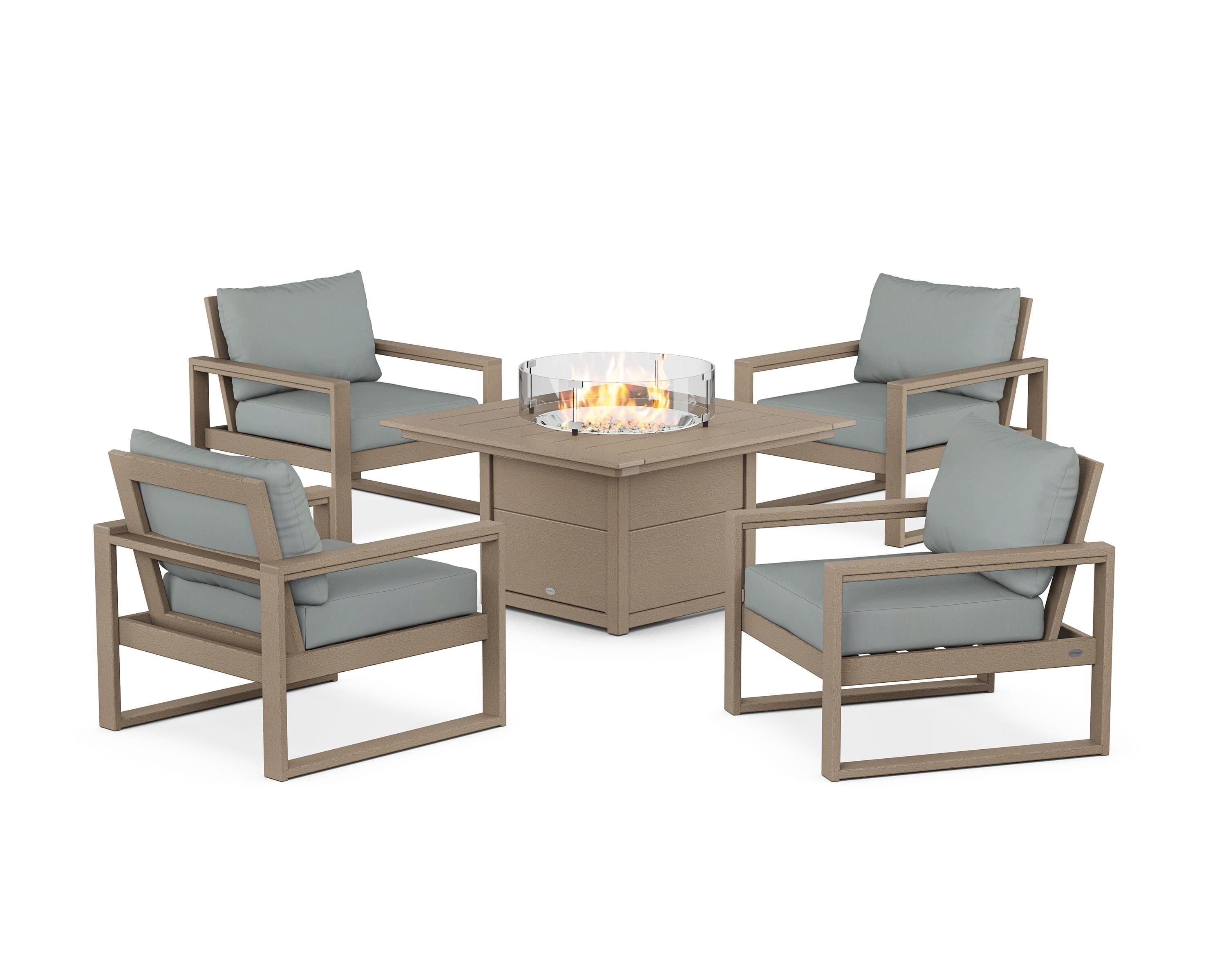 POLYWOOD® EDGE Sectional 5-Piece Deep Seating Set with Fire Pit Table in Vintage Sahara / Spa
