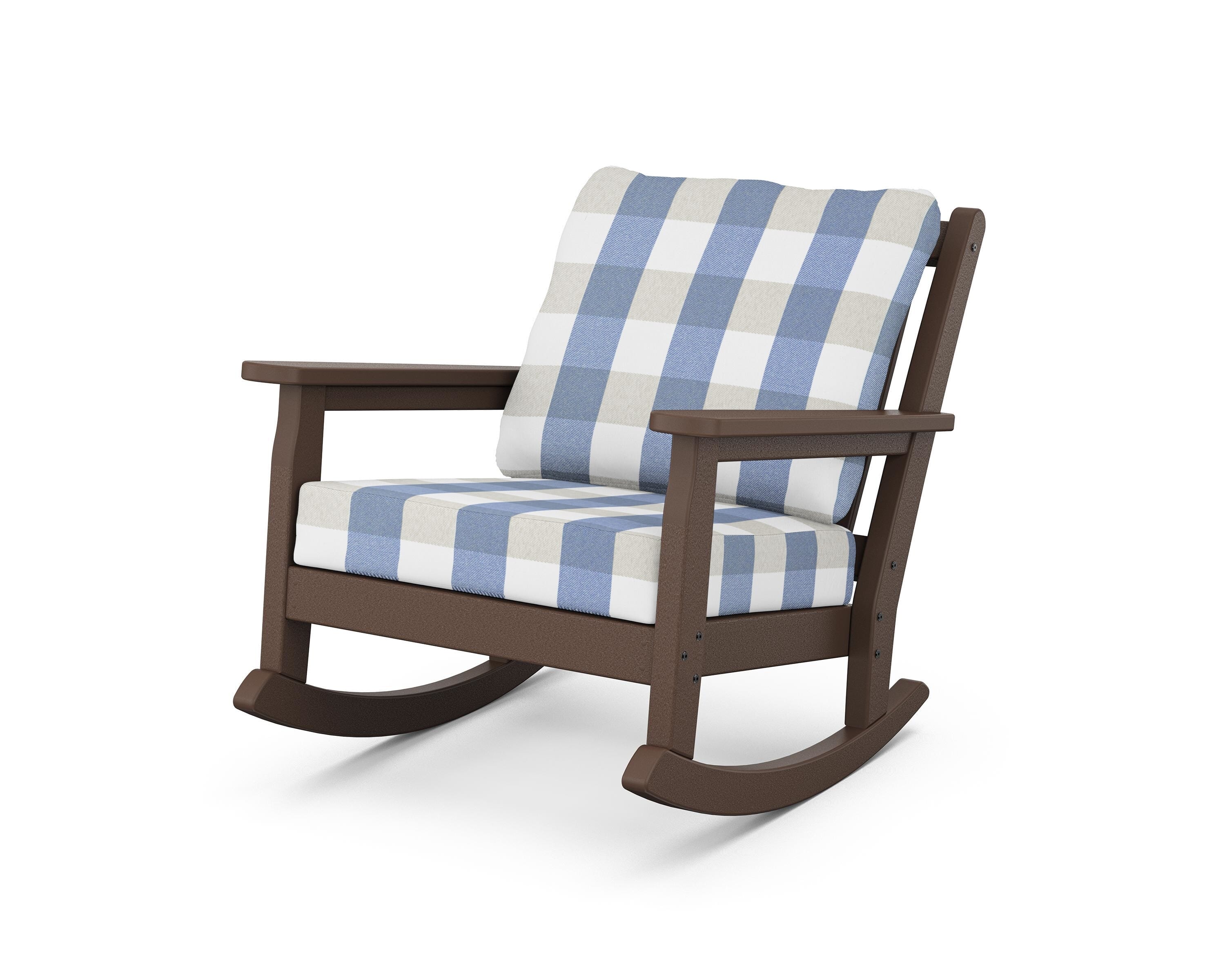 POLYWOOD® Chippendale Deep Seating Rocking Chair in Mahogany / Buffalo Plaid Sky Blue