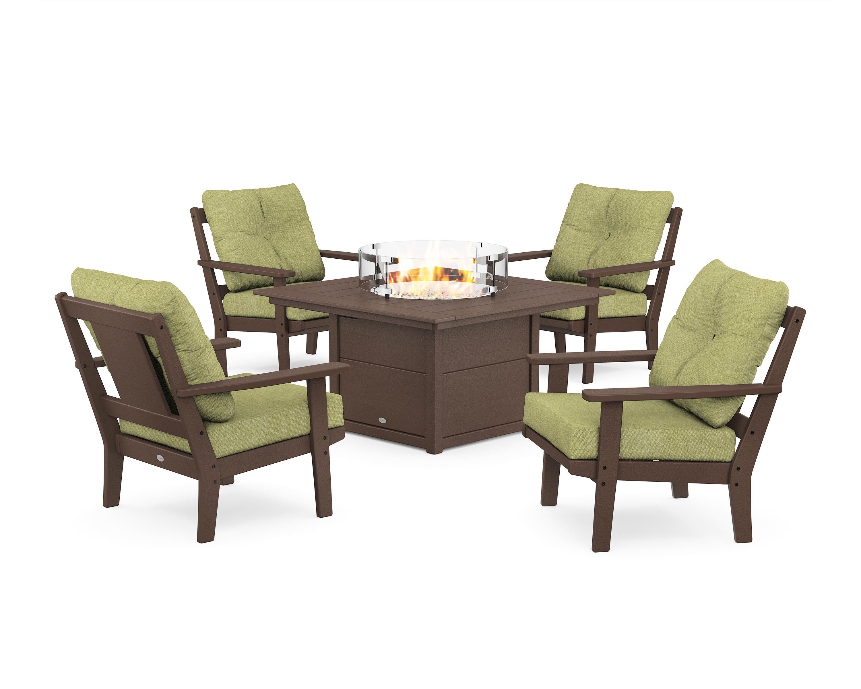POLYWOOD® Prairie 5-Piece Deep Seating Set with Fire Pit Table in Mahogany / Chartreuse Boucle