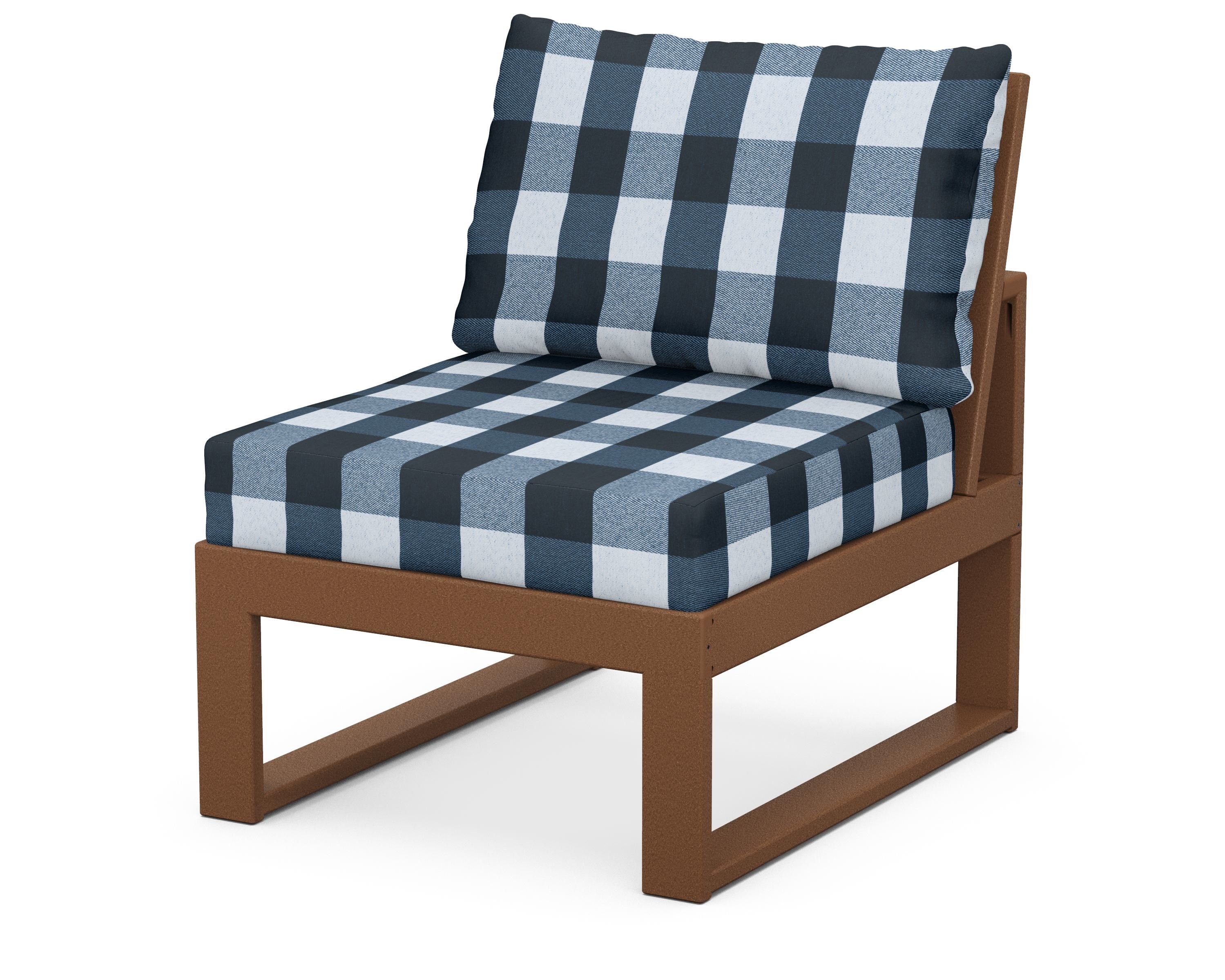 Unbranded Modular Armless Chair in Teak / Buffalo Plaid Marine Indigo