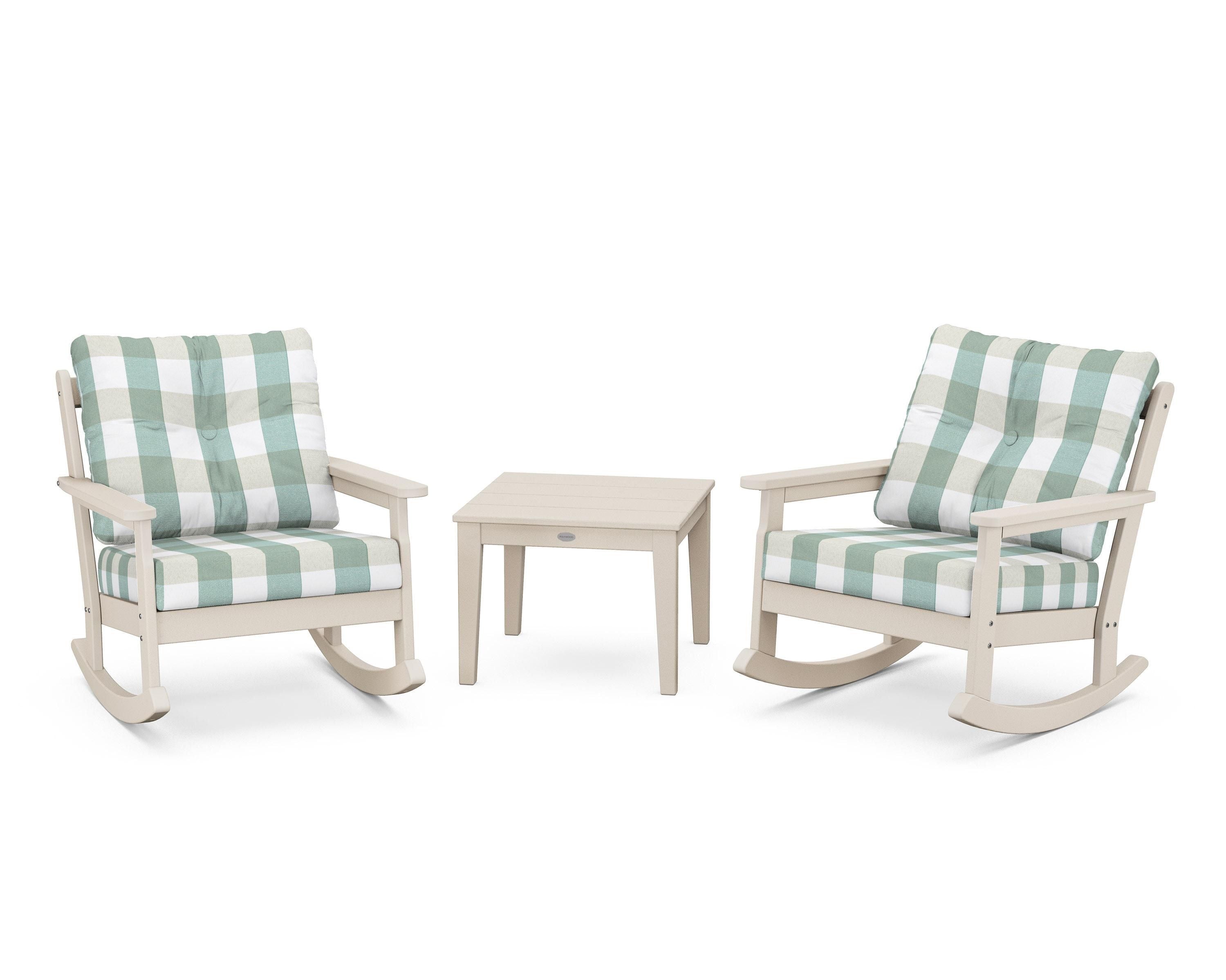 POLYWOOD® Vineyard 3-Piece Deep Seating Rocker Set in Sand / Buffalo Plaid Glacier Spa