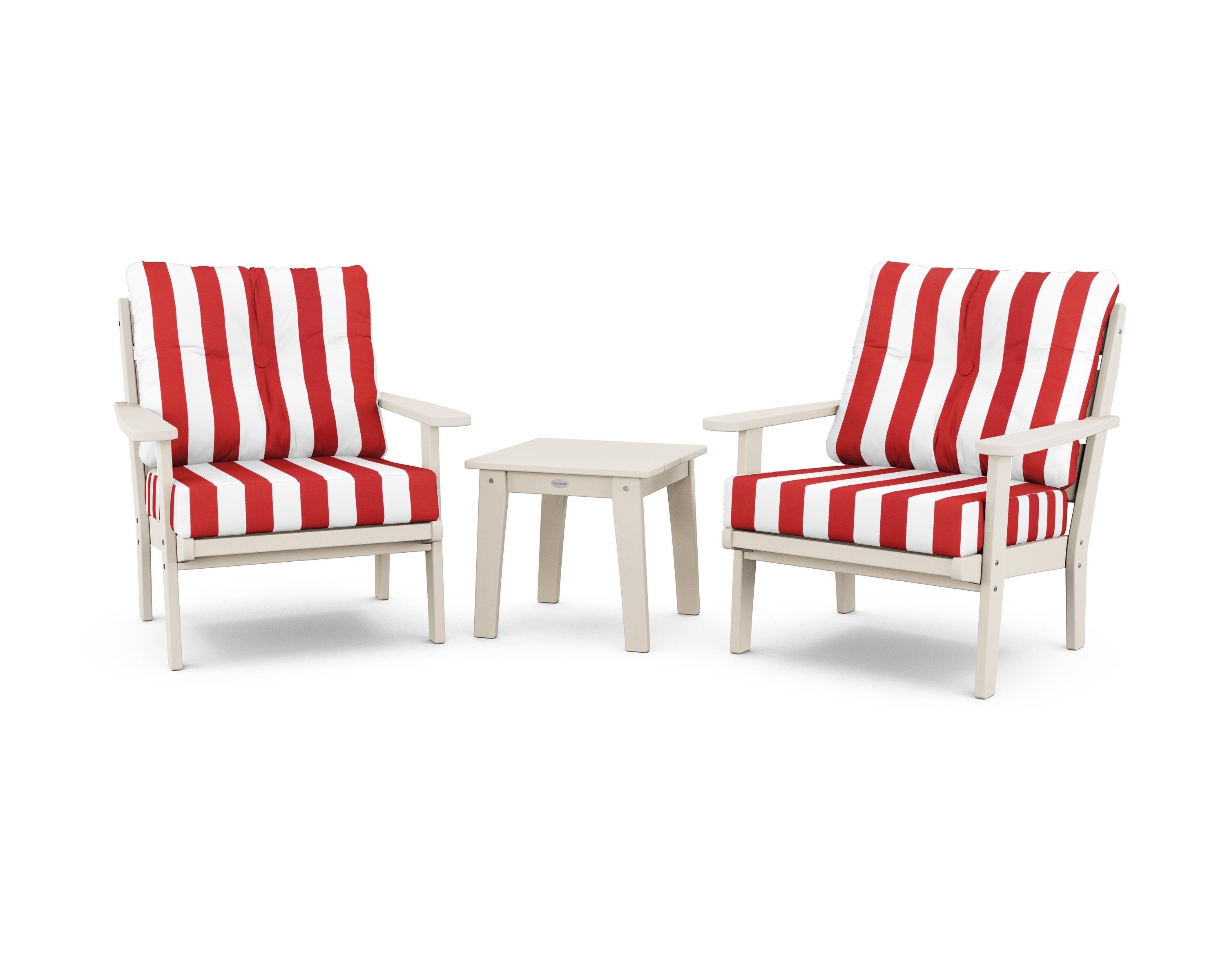 POLYWOOD® Lakeside 3-Piece Deep Seating Chair Set in Sand / Cabana Stripe Crimson