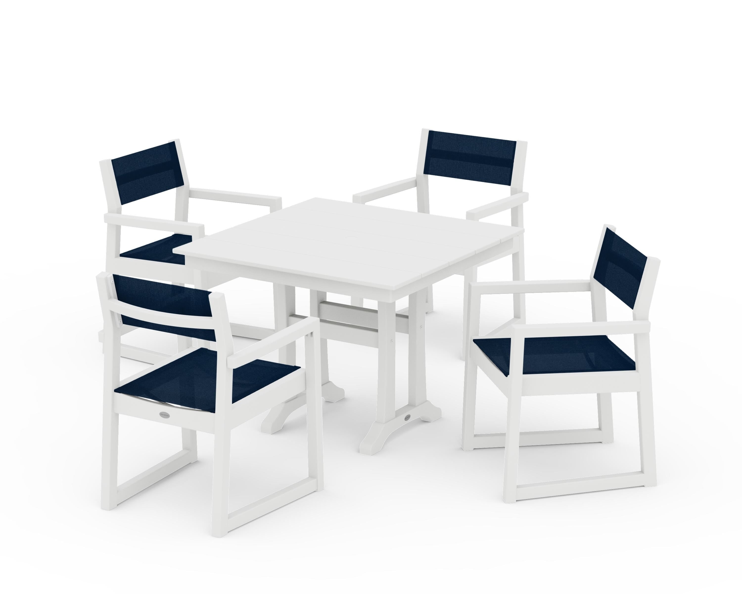 POLYWOOD® EDGE Sling 5-Piece Farmhouse Dining Set with Trestle Legs in White / Navy Blue Sling