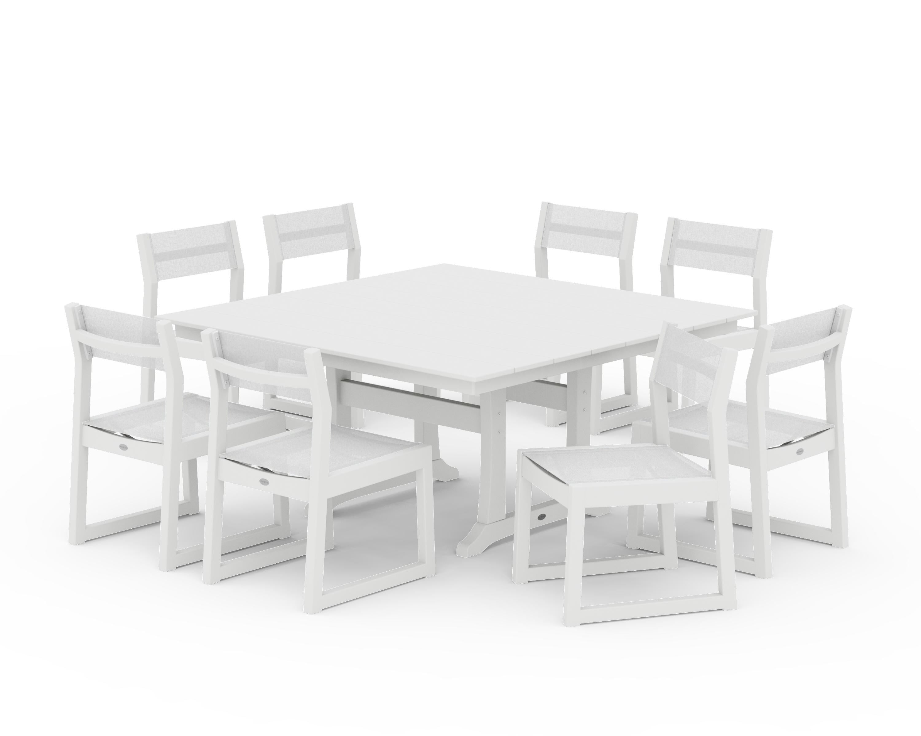 POLYWOOD® EDGE Sling Side Chair 9-Piece Farmhouse Trestle Dining Set in White / White Sling