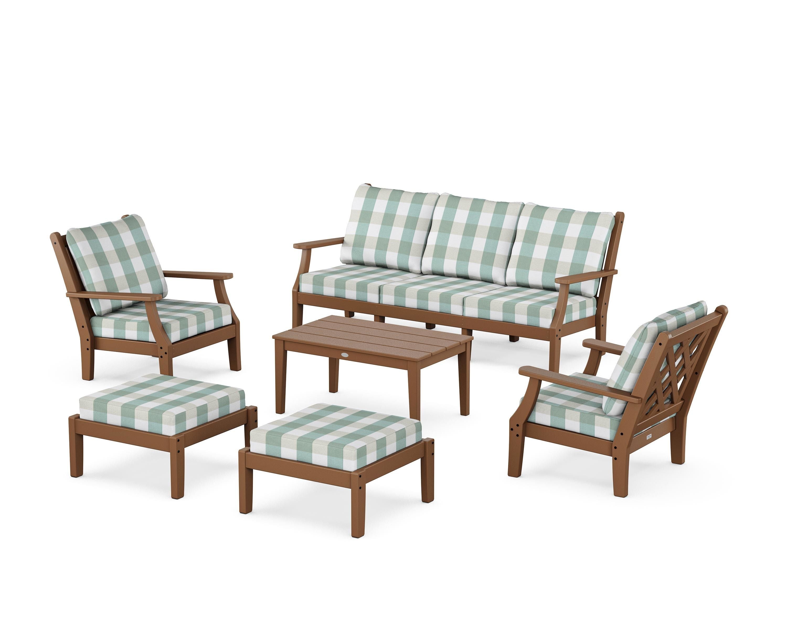 Country Living Wovendale 6-Piece Lounge Sofa Set in Teak / Buffalo Plaid Glacier Spa