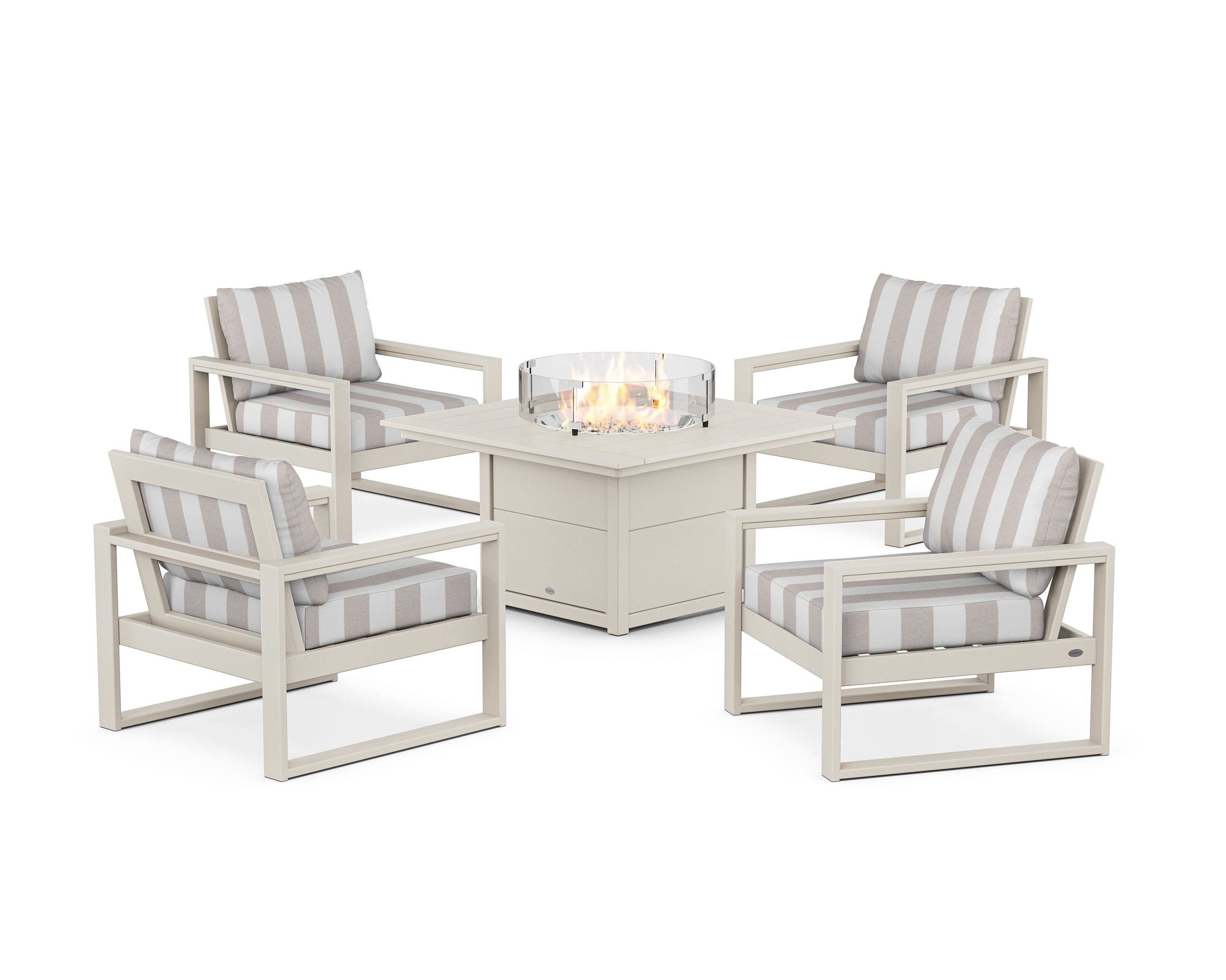 POLYWOOD® EDGE Sectional 5-Piece Deep Seating Set with Fire Pit Table in Sand / Cabana Stripe Dune Burlap
