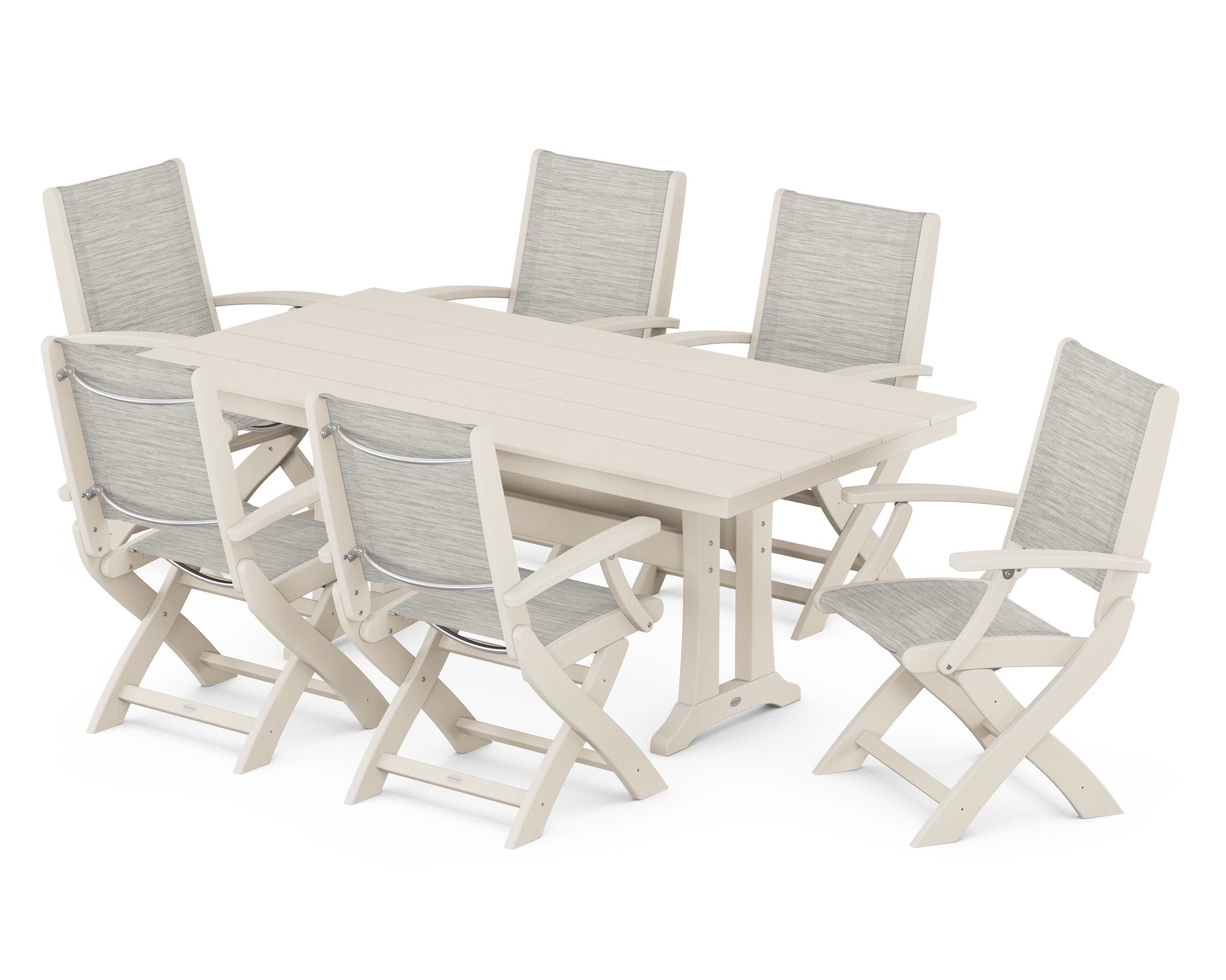 POLYWOOD® Coastal Folding Arm Chair 7-Piece Farmhouse Dining Set with Trestle Legs in Sand / Birch Sling