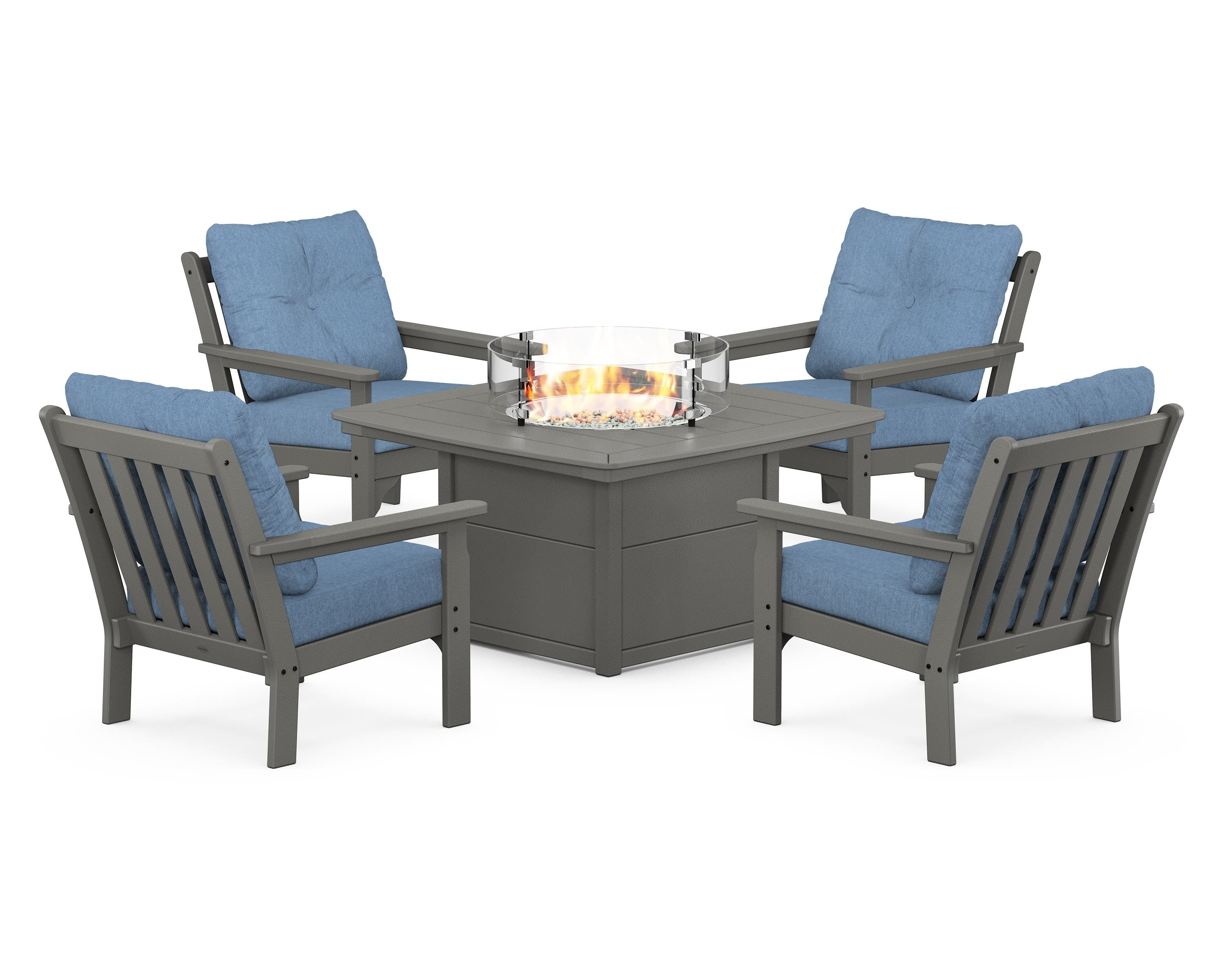 POLYWOOD® Vineyard 5-Piece Conversation Set with Fire Pit Table in Slate Grey / Sky Blue
