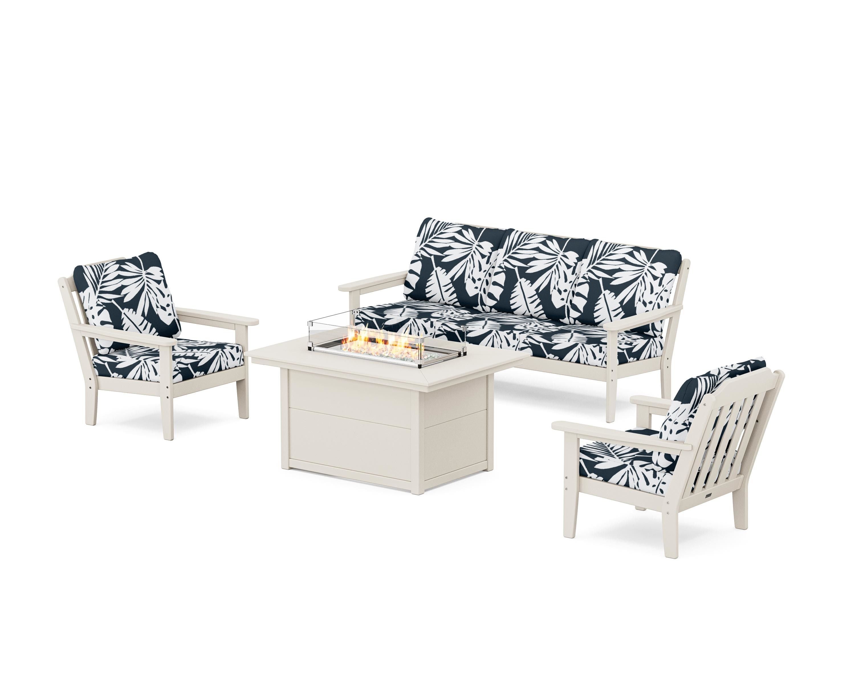 Country Living Cottage Deep Seating Fire Pit Table Set in Sand / Leaf Marine Indigo
