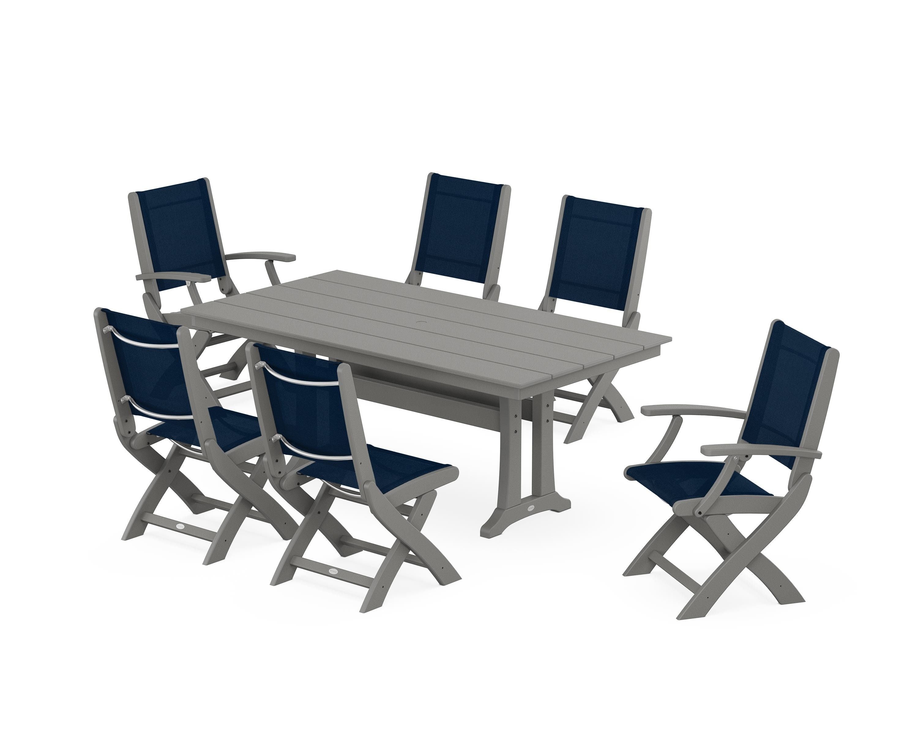 POLYWOOD® Coastal Folding Chair 7-Piece Farmhouse Dining Set with Trestle Legs in Slate Grey / Navy Blue Sling