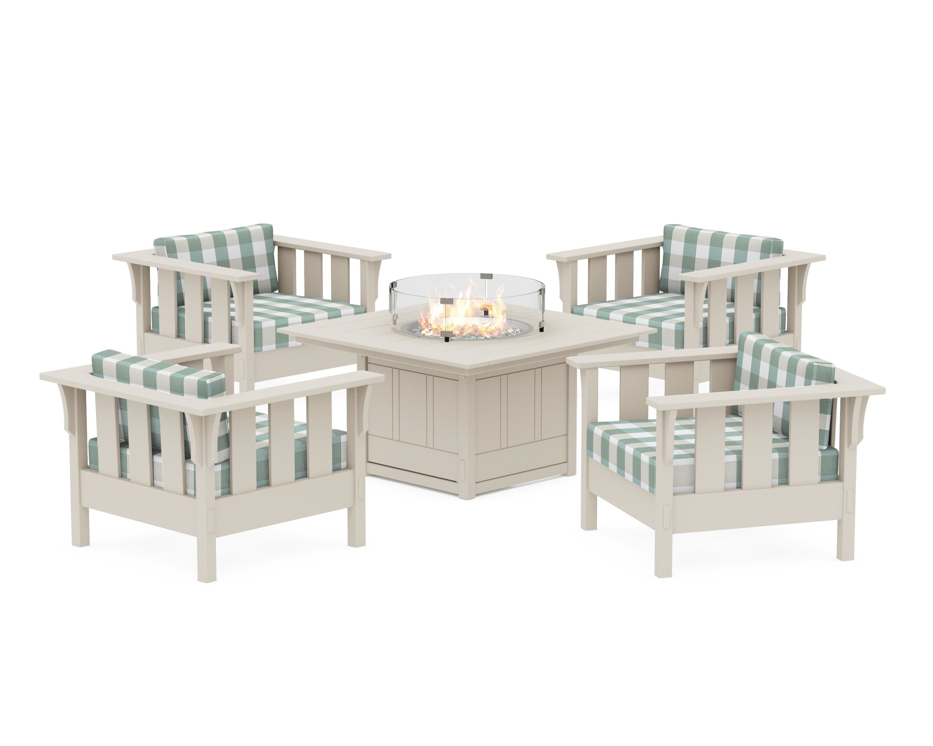 Martha Stewart by POLYWOOD® Acadia 5-Piece Deep Seating Set with Fire Pit Table in Sand / Buffalo Plaid Glacier Spa