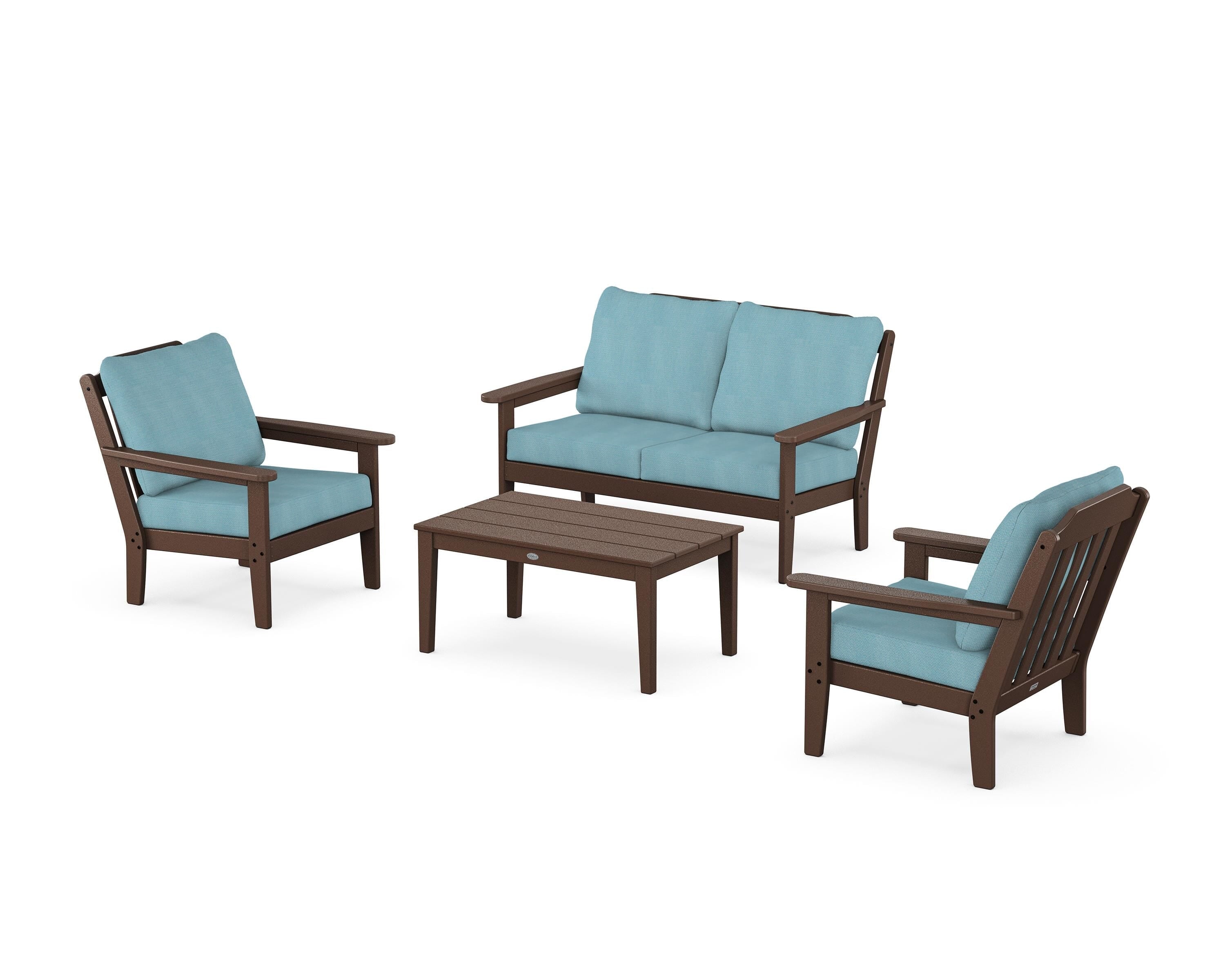 Country Living Cottage 4-Piece Deep Seating Set with Loveseat in Mahogany / Lattice Sky Blue
