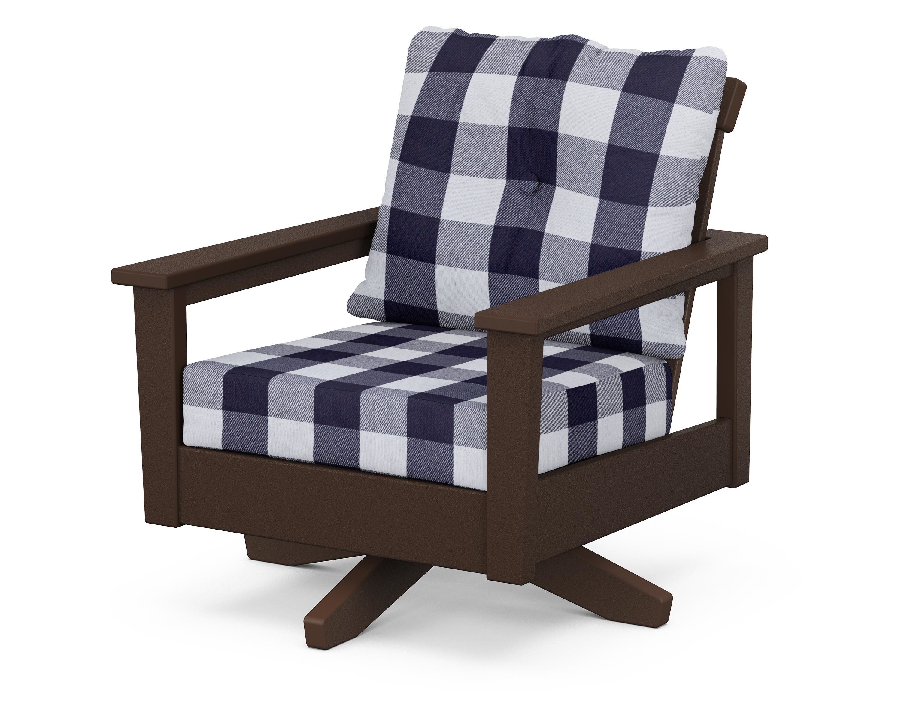 POLYWOOD® Prescott Deep Seating Swivel Chair in Mahogany / Buffalo Plaid Navy