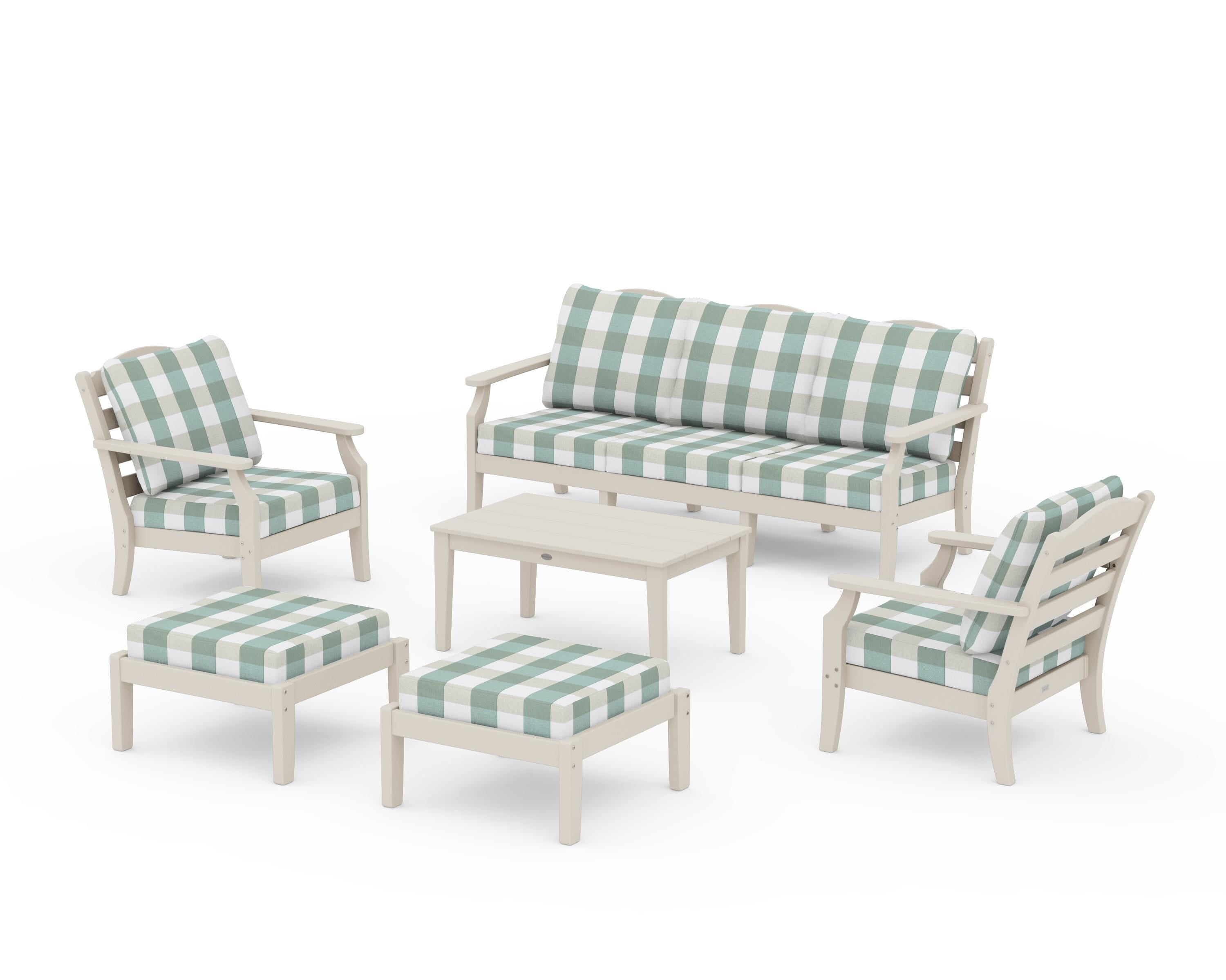 Draper James™ by POLYWOOD® Savannah 6-Piece Lounge Sofa Set in Sand / Buffalo Plaid Glacier Spa