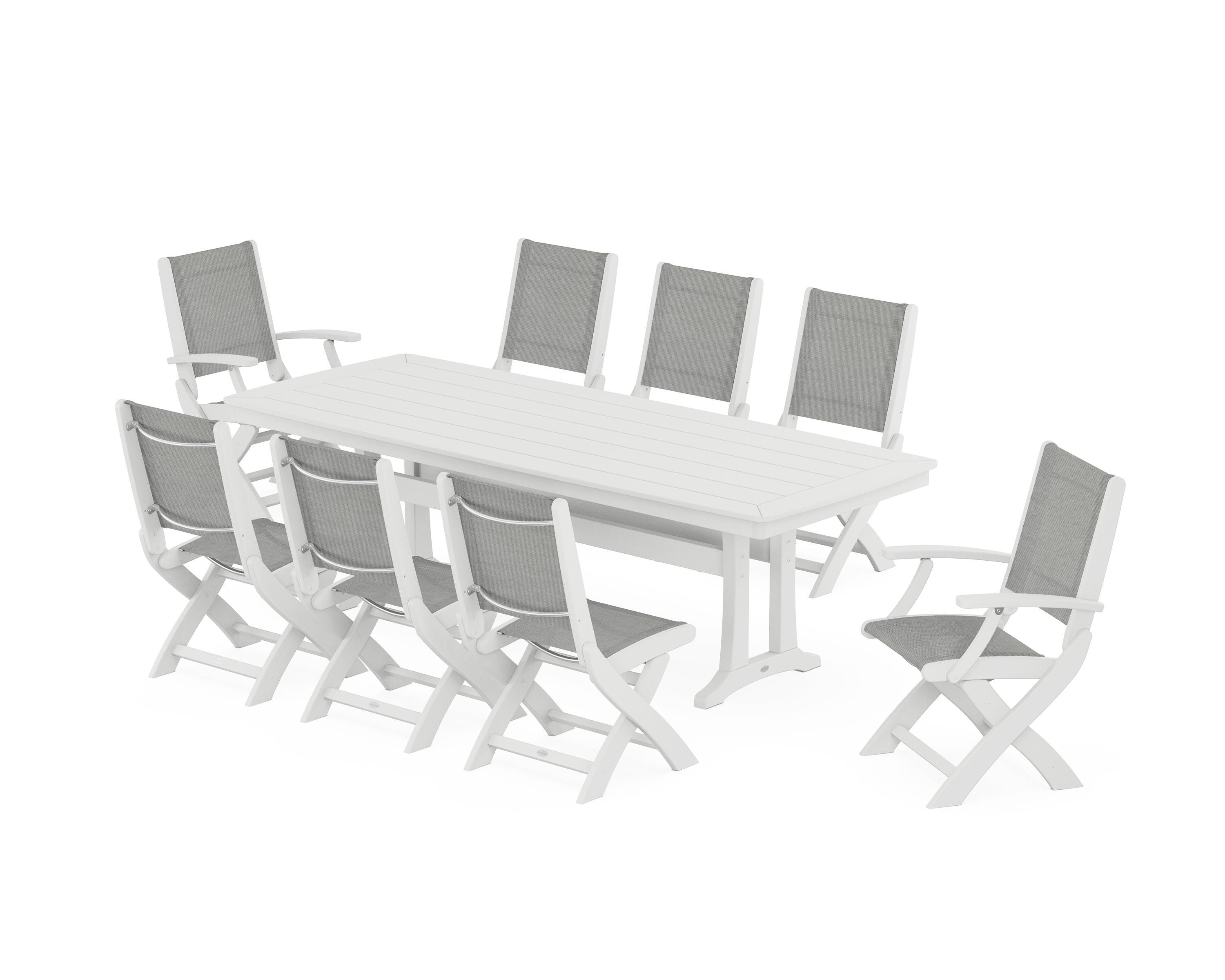 POLYWOOD® Coastal Folding 9-Piece Dining Set with Trestle Legs in White / Metallic Sling
