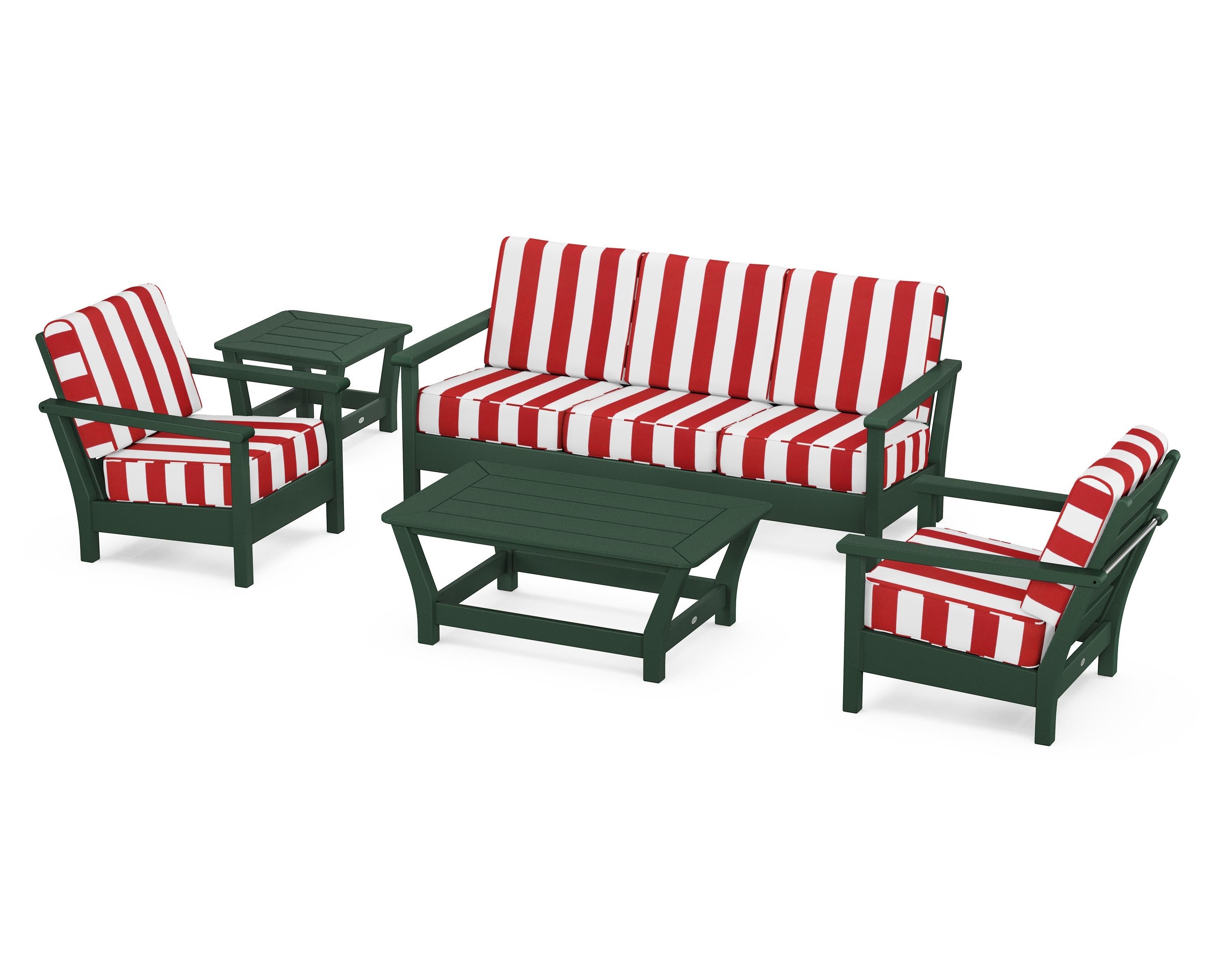 POLYWOOD® Harbour 5-Piece Deep Seating Set in Green / Cabana Stripe Crimson