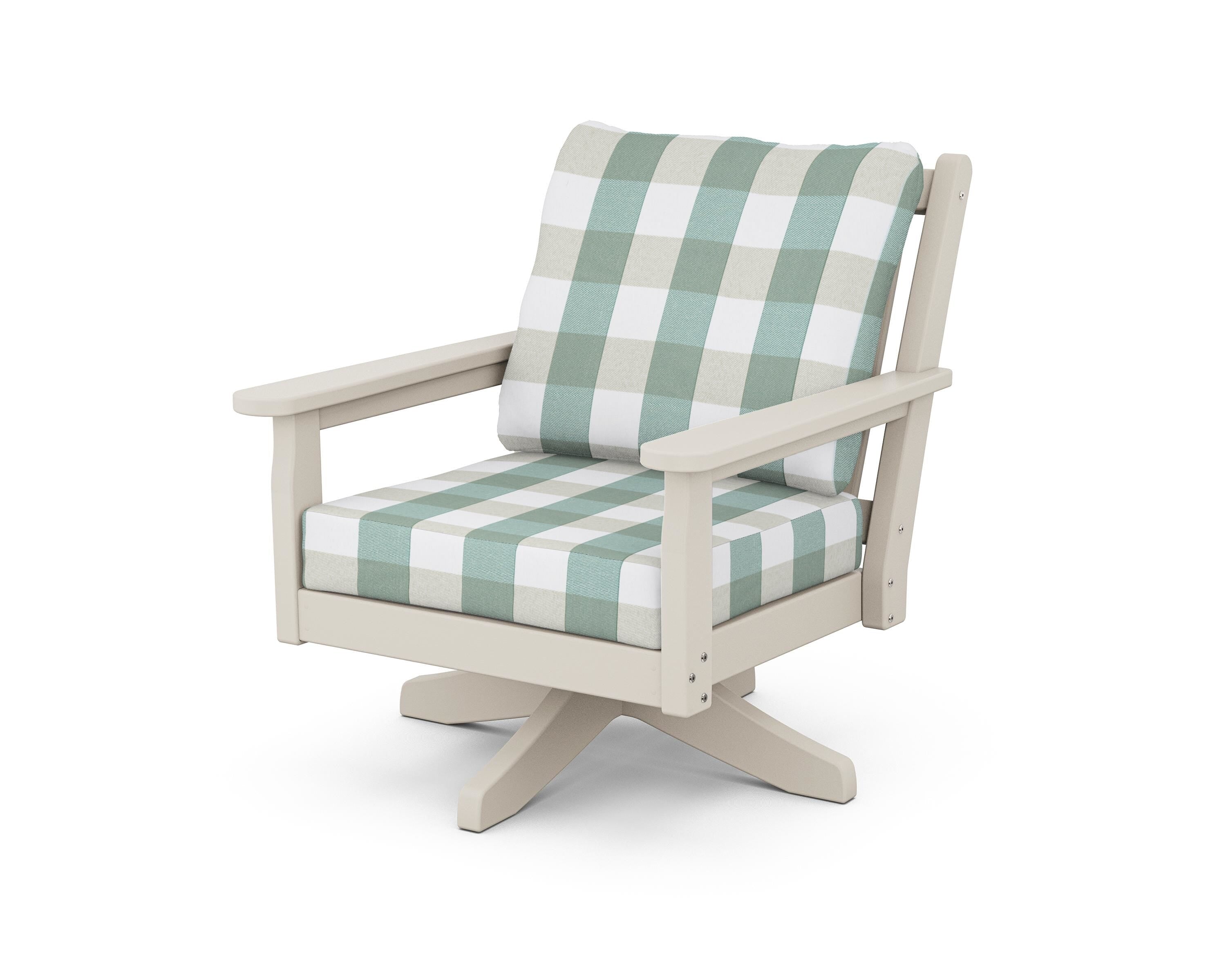 POLYWOOD® Chippendale Deep Seating Swivel Chair in Sand / Buffalo Plaid Glacier Spa