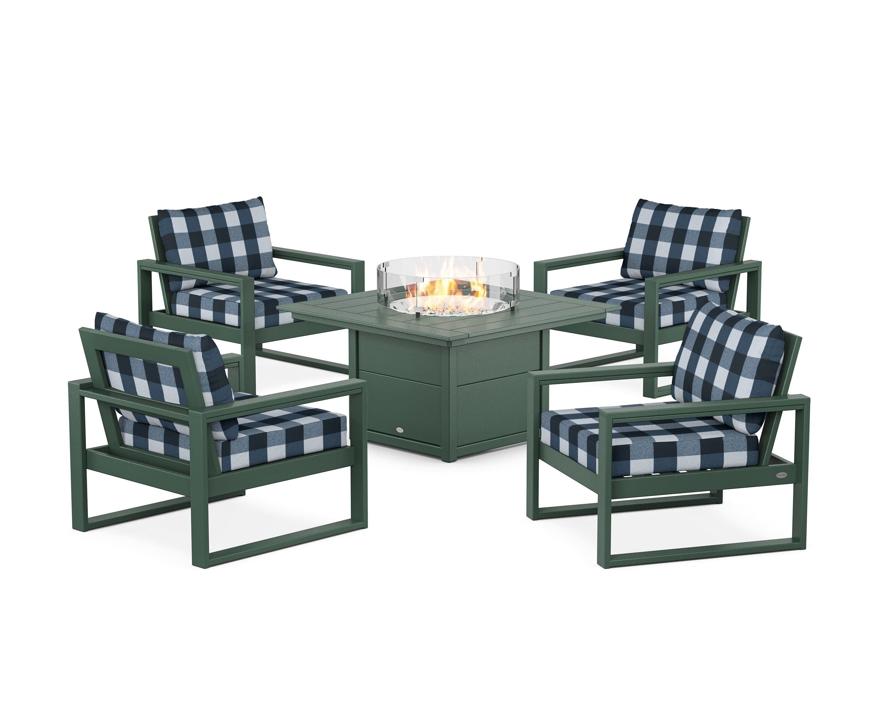 POLYWOOD® EDGE Sectional 5-Piece Deep Seating Set with Fire Pit Table in Green / Buffalo Plaid Marine Indigo