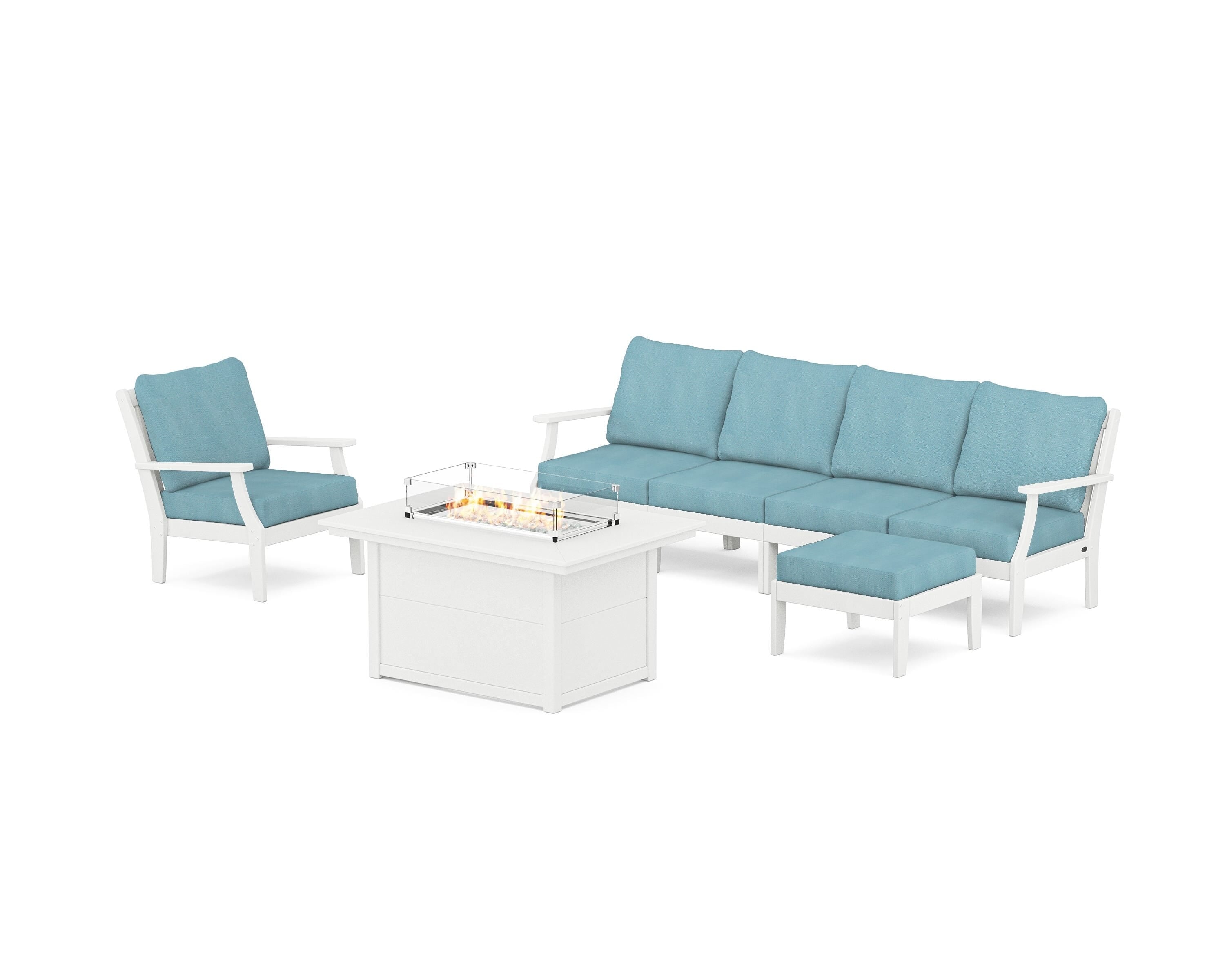 POLYWOOD® Braxton Sectional Lounge and Fire Pit Set in White / Lattice Sky Blue