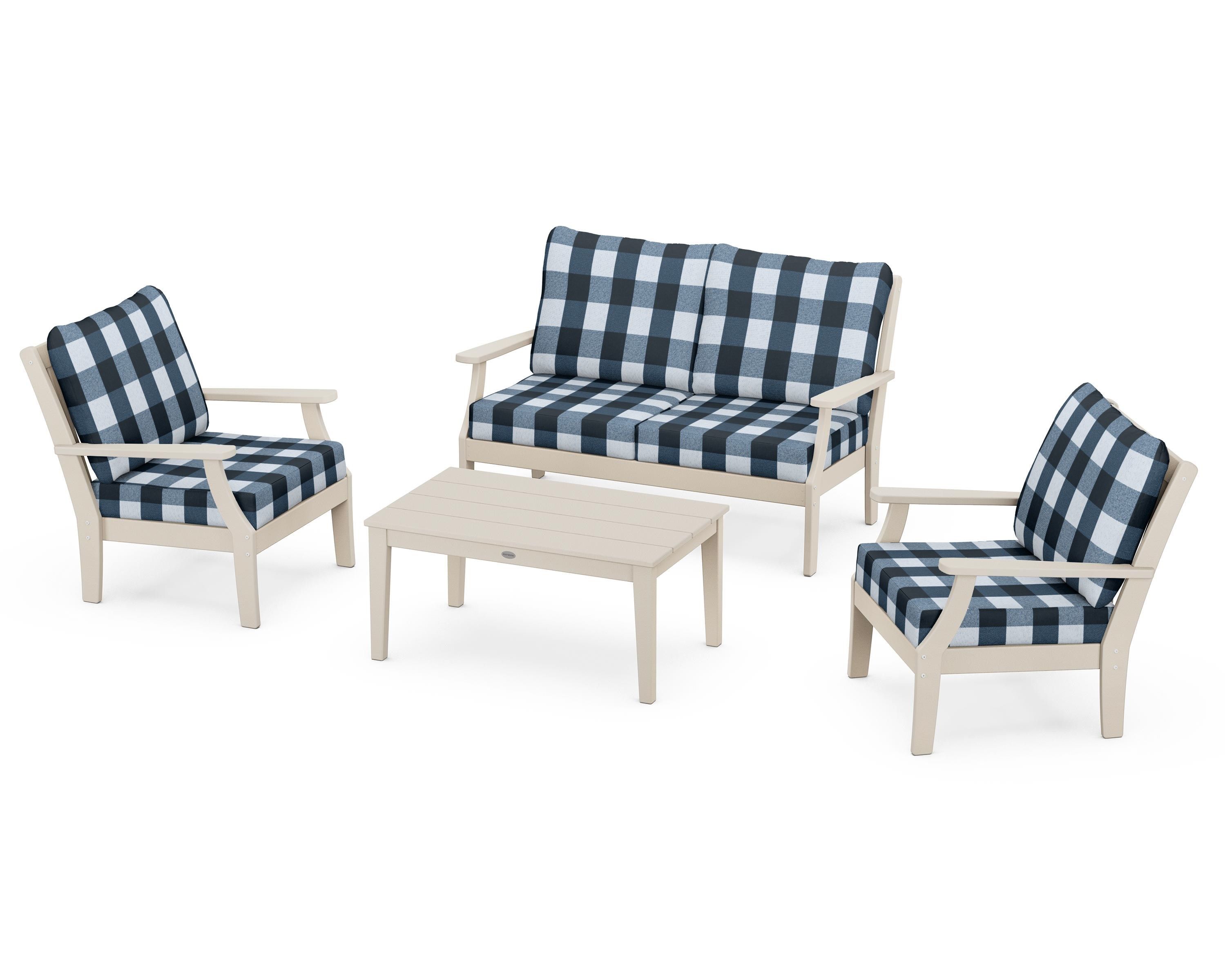 POLYWOOD® Braxton 4-Piece Deep Seating Chair Set in Sand / Buffalo Plaid Marine Indigo
