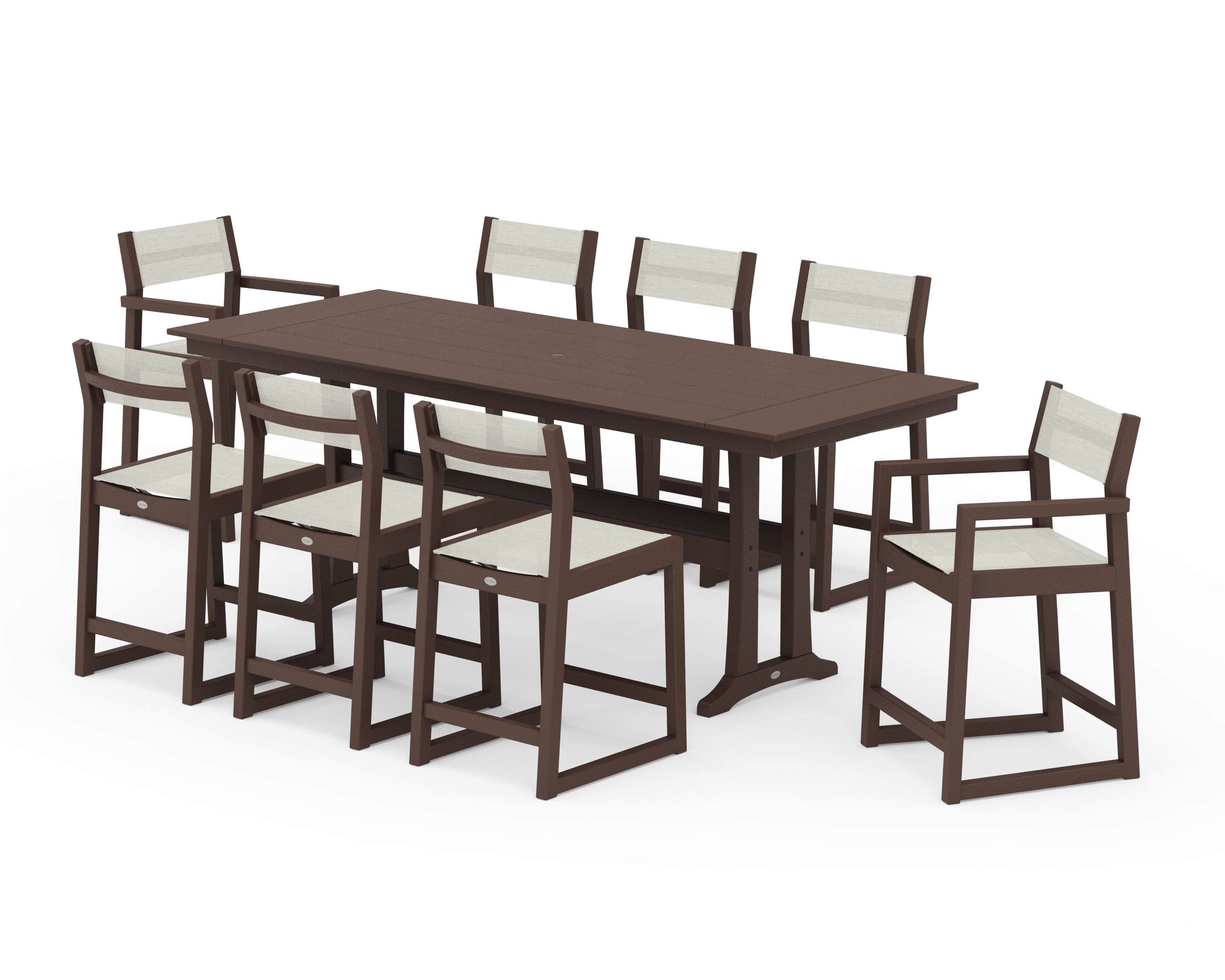 POLYWOOD® EDGE Sling 9-Piece Farmhouse Counter Set with Trestle Legs in Mahogany / Parchment Sling
