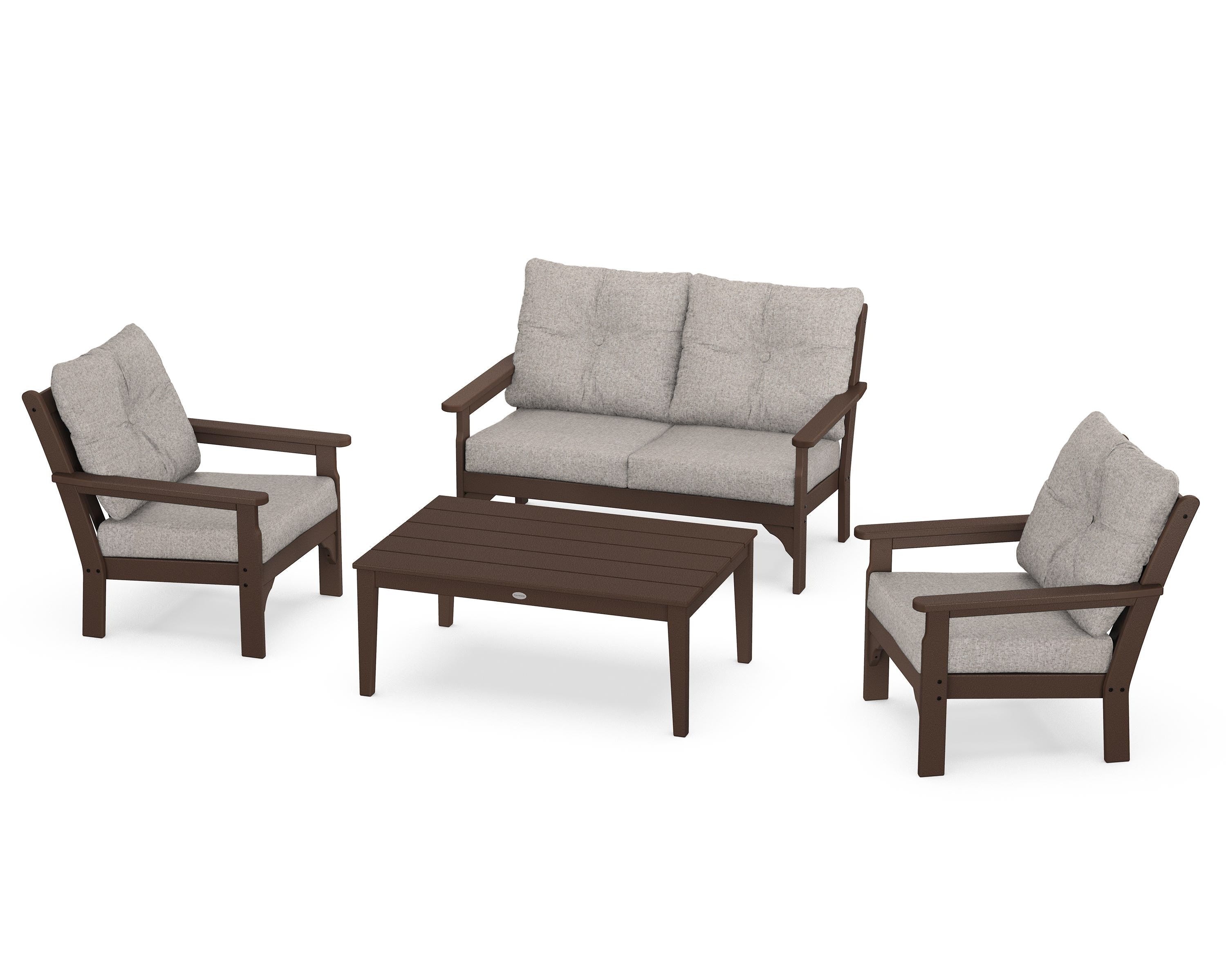 POLYWOOD® Vineyard 4-Piece Deep Seating Set in Mahogany / Weathered Tweed