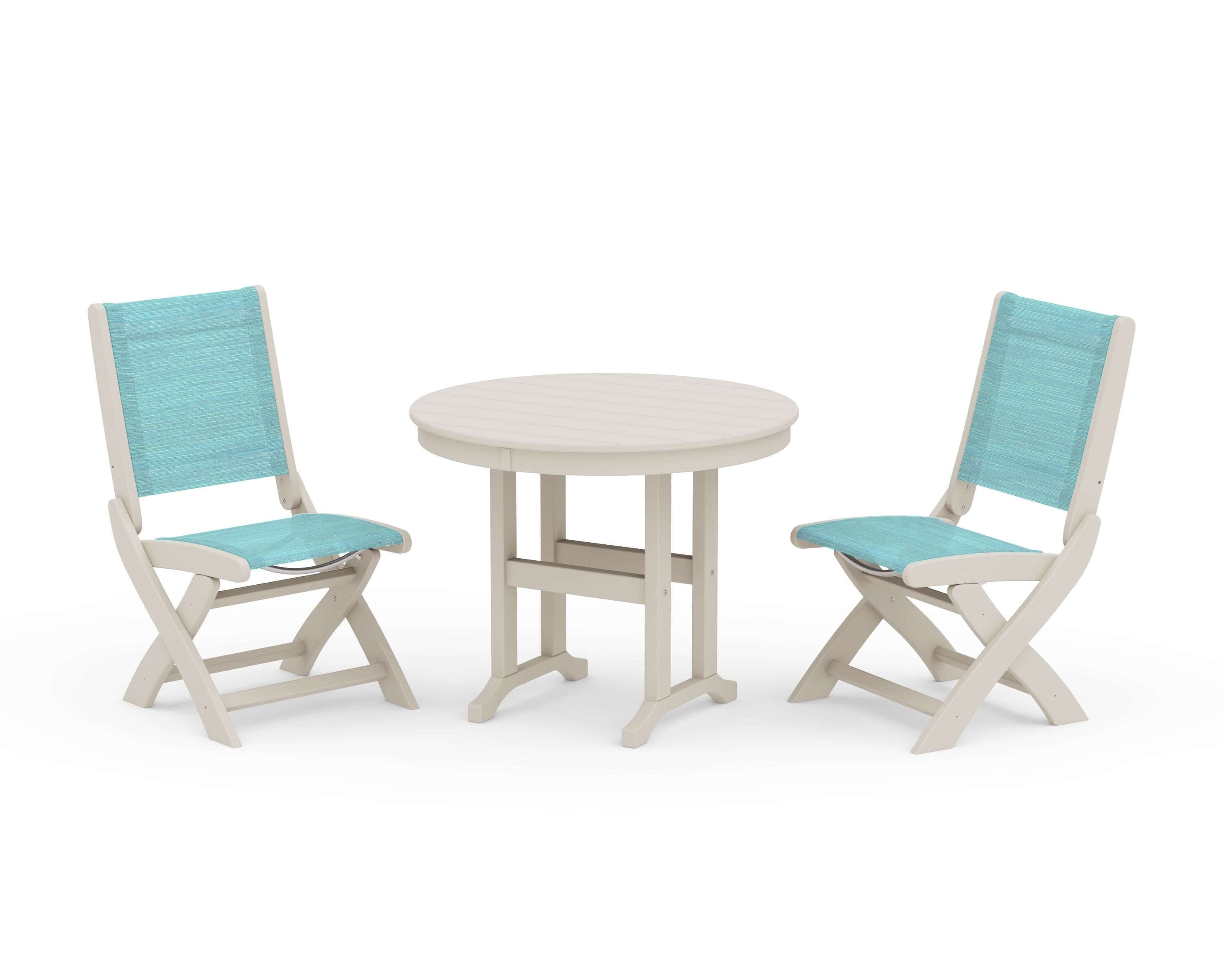 POLYWOOD® Coastal Folding Side Chair 3-Piece Round Dining Set in Sand / Dupioni Aquamarine Sling