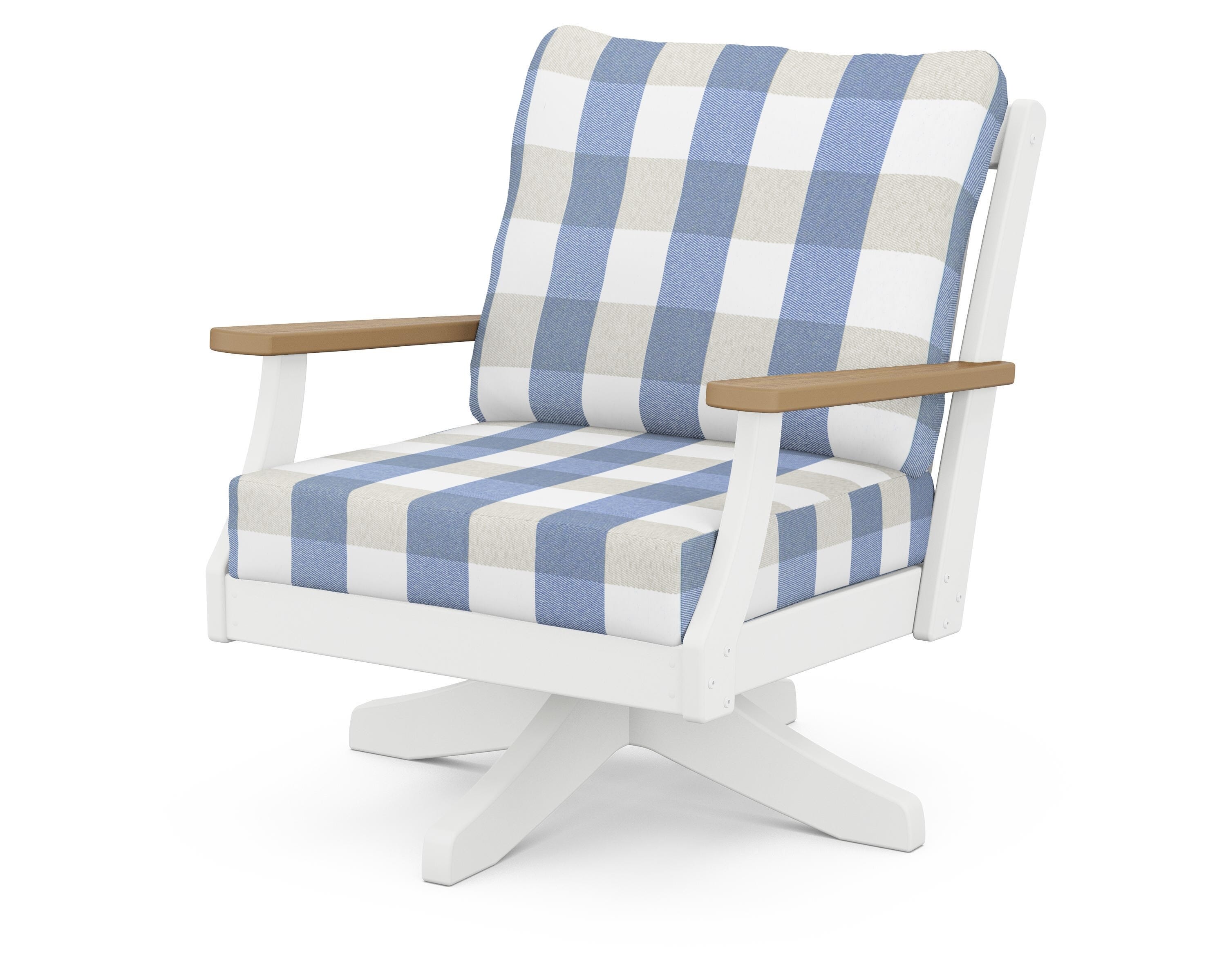 POLYWOOD® Braxton Deep Seating Swivel Chair in White / Natural / Buffalo Plaid Sky Blue