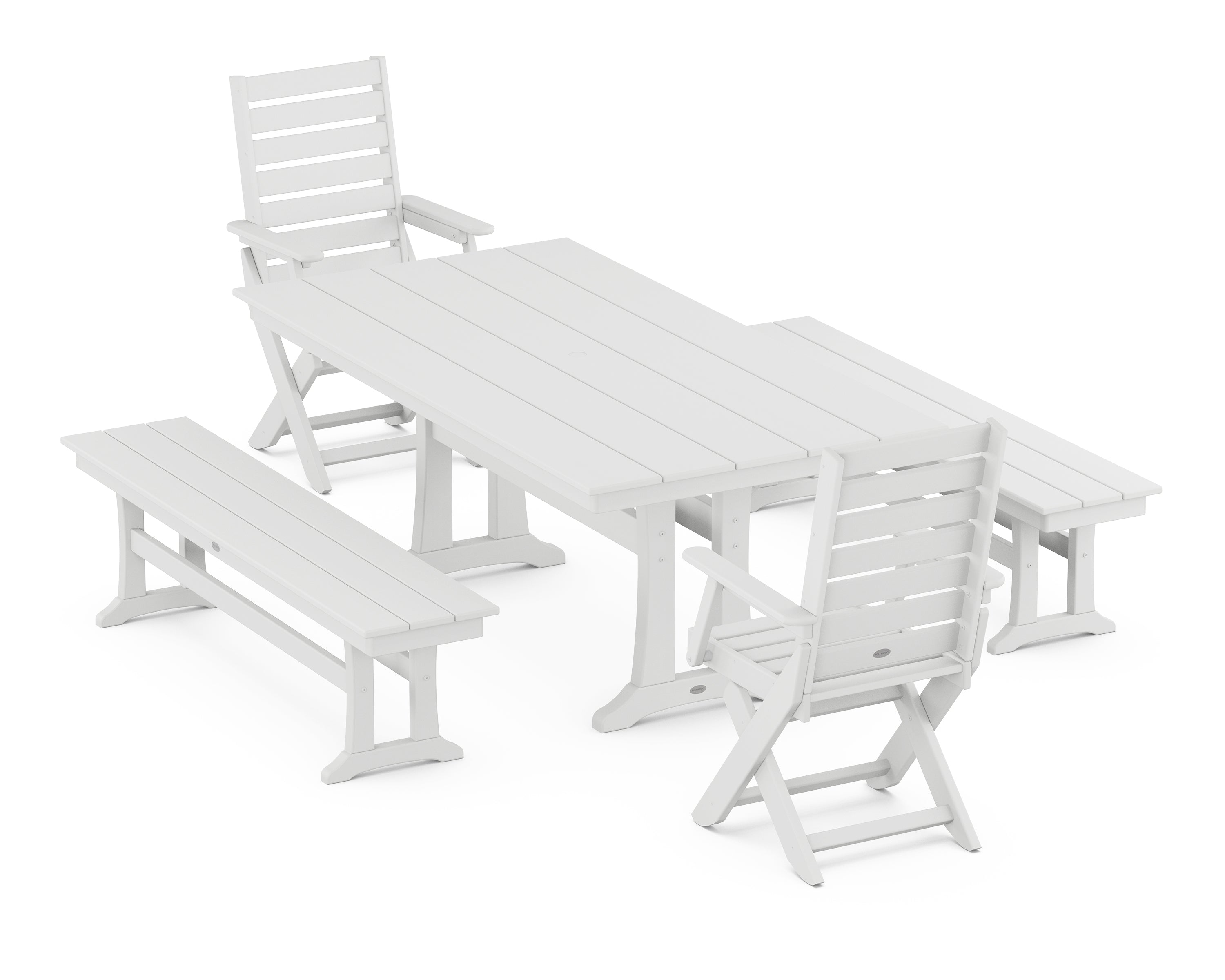 POLYWOOD® Captain Folding Chair 5-Piece Farmhouse Dining Set With Trestle Legs in White