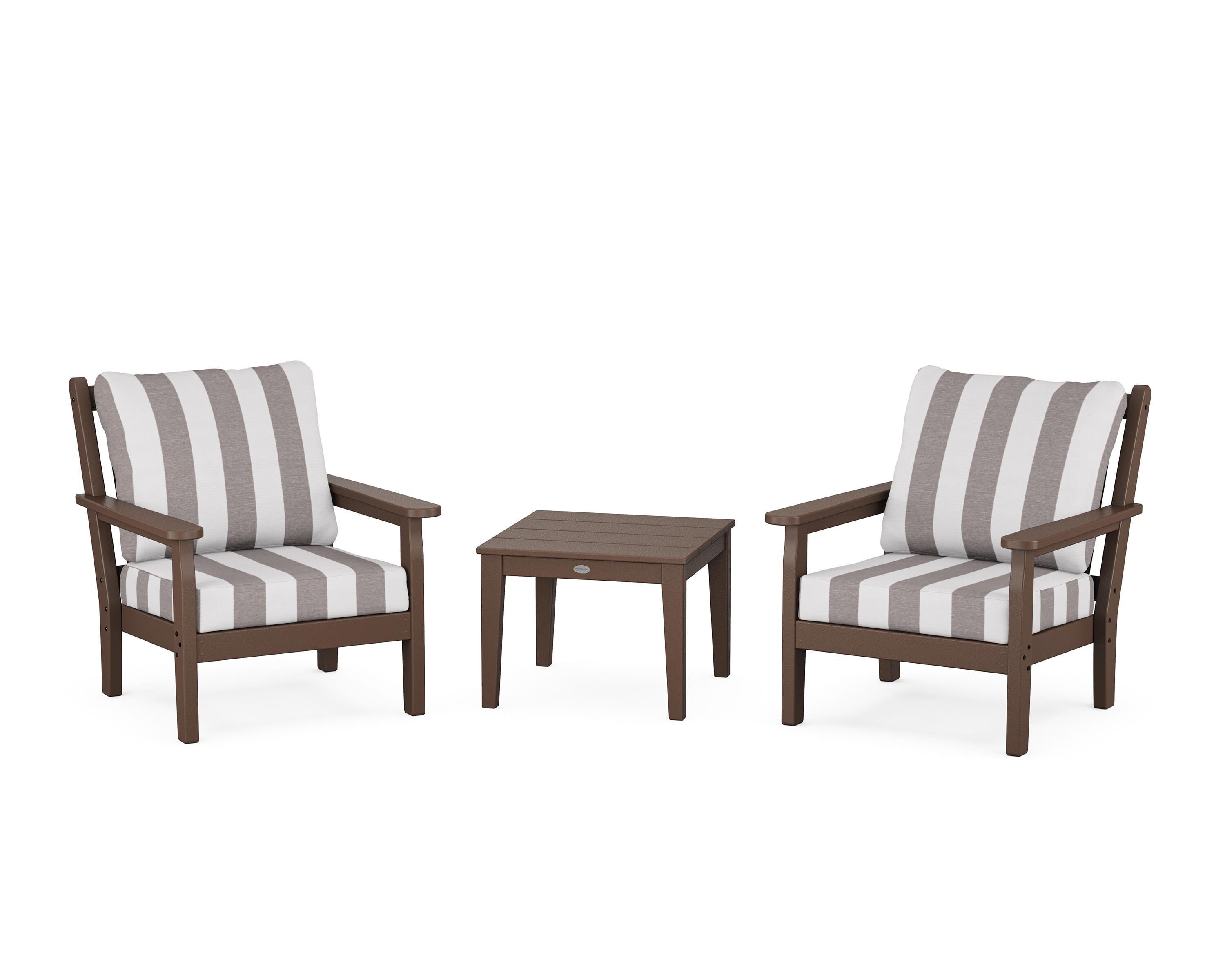 POLYWOOD® Chippendale 3-Piece Deep Seating Set in Mahogany / Cabana Stripe Grey Mist