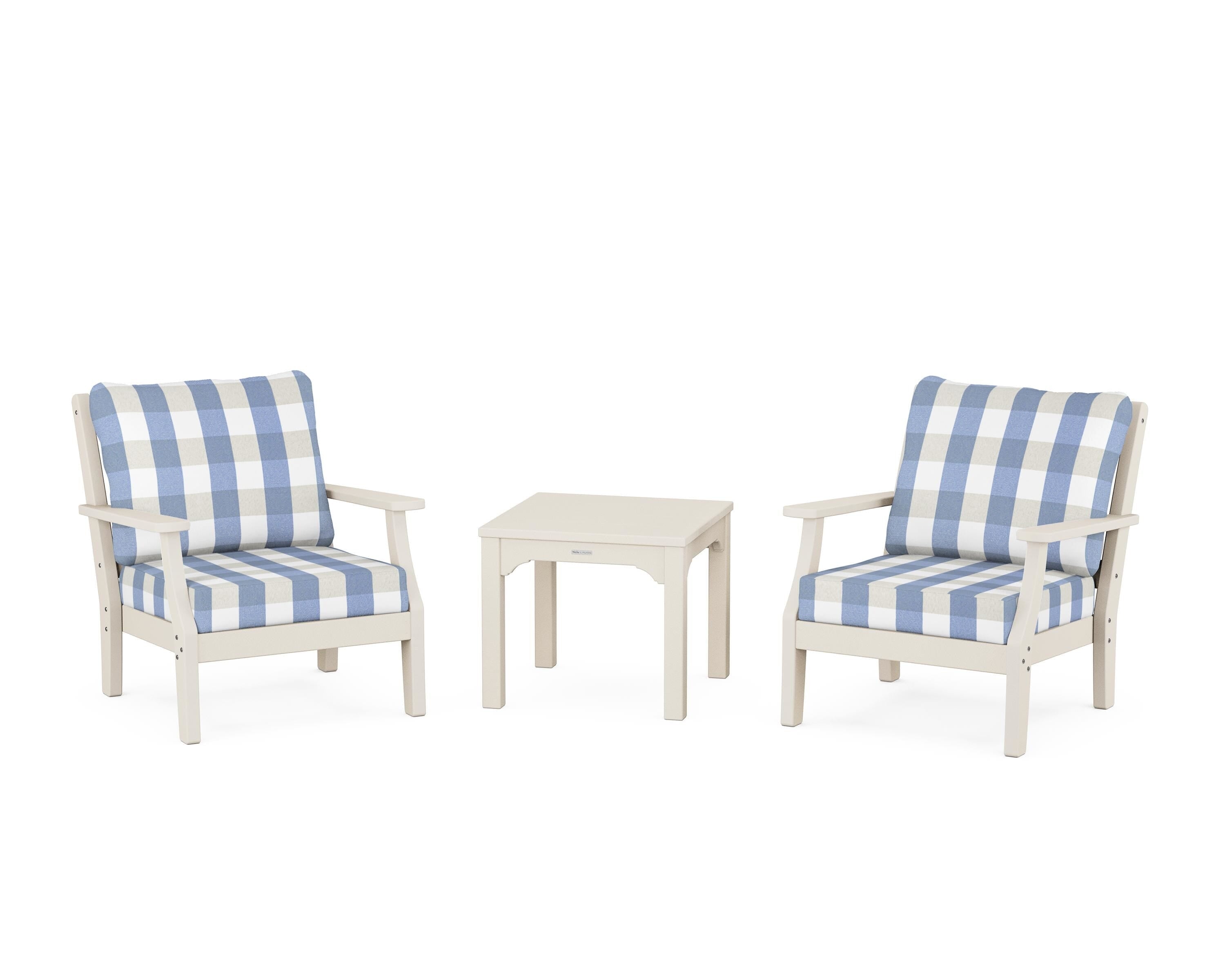Martha Stewart by POLYWOOD® Chinoiserie 3-Piece Deep Seating Set in Sand / Buffalo Plaid Sky Blue