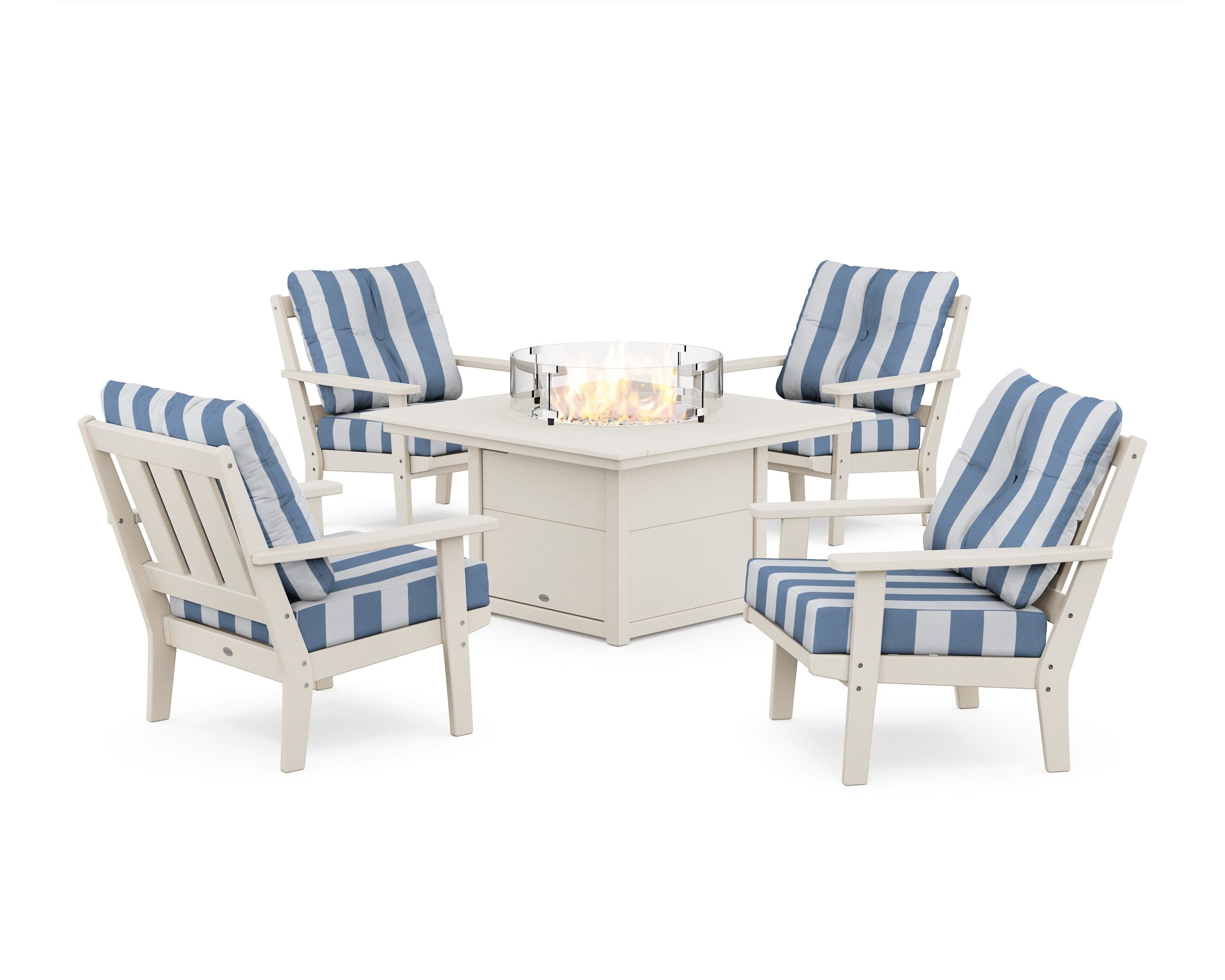 POLYWOOD® Oxford 5-Piece Deep Seating Set with Fire Pit Table in Sand / Cabana Stripe Sky Blue