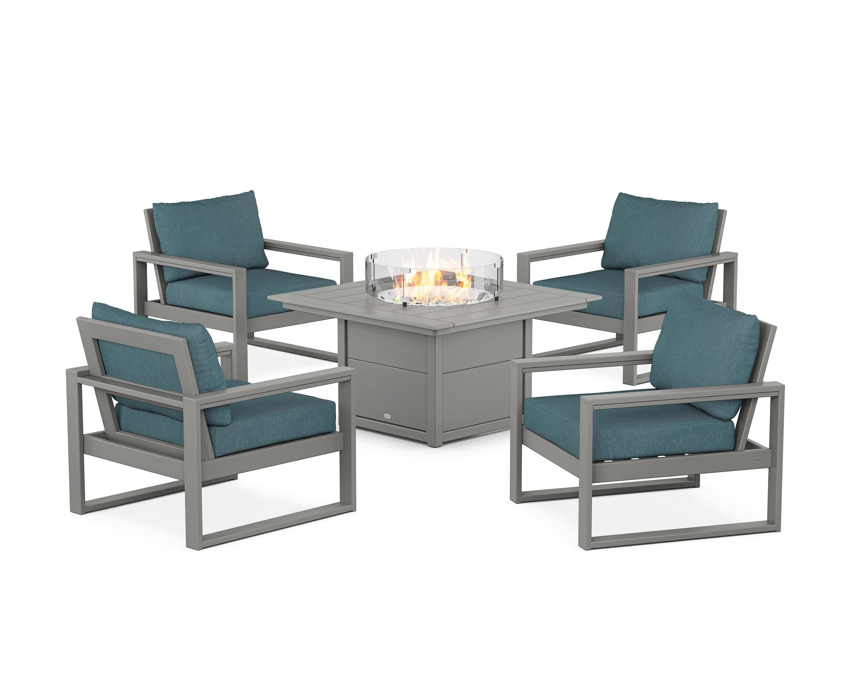 POLYWOOD® EDGE Sectional 5-Piece Deep Seating Set with Fire Pit Table in Slate Grey / Ocean Teal