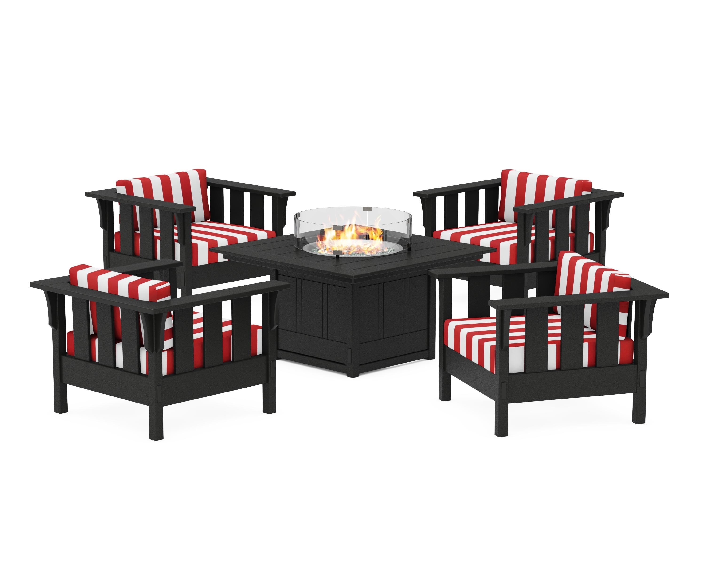 Martha Stewart by POLYWOOD® Acadia 5-Piece Deep Seating Set with Fire Pit Table in Black / Cabana Stripe Crimson