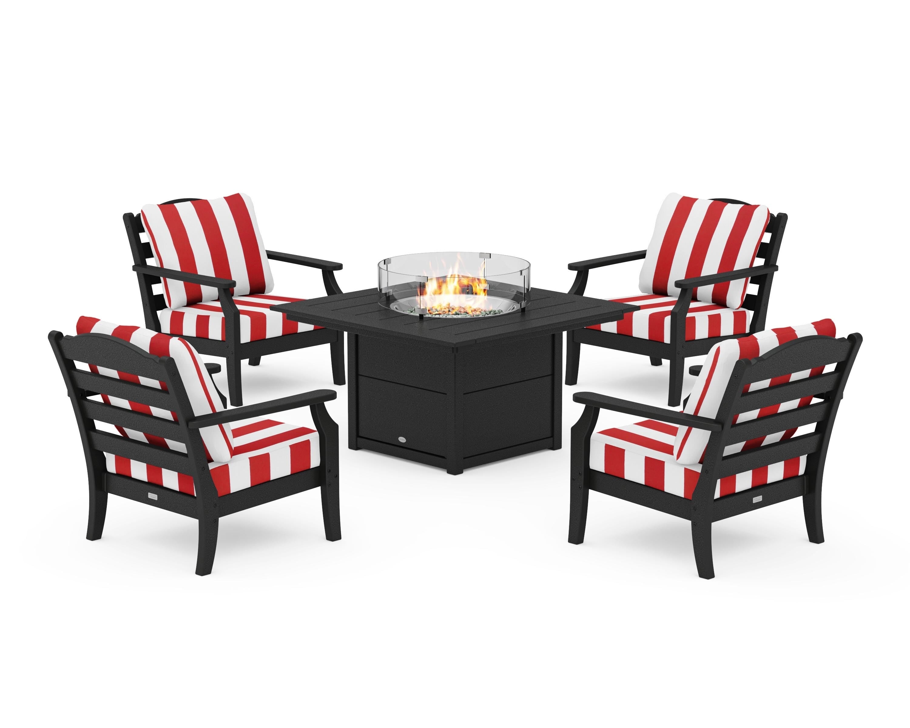 Draper James™ by POLYWOOD® Savannah 5-Piece Deep Seating Set with Fire Pit Table in Black / Cabana Stripe Crimson