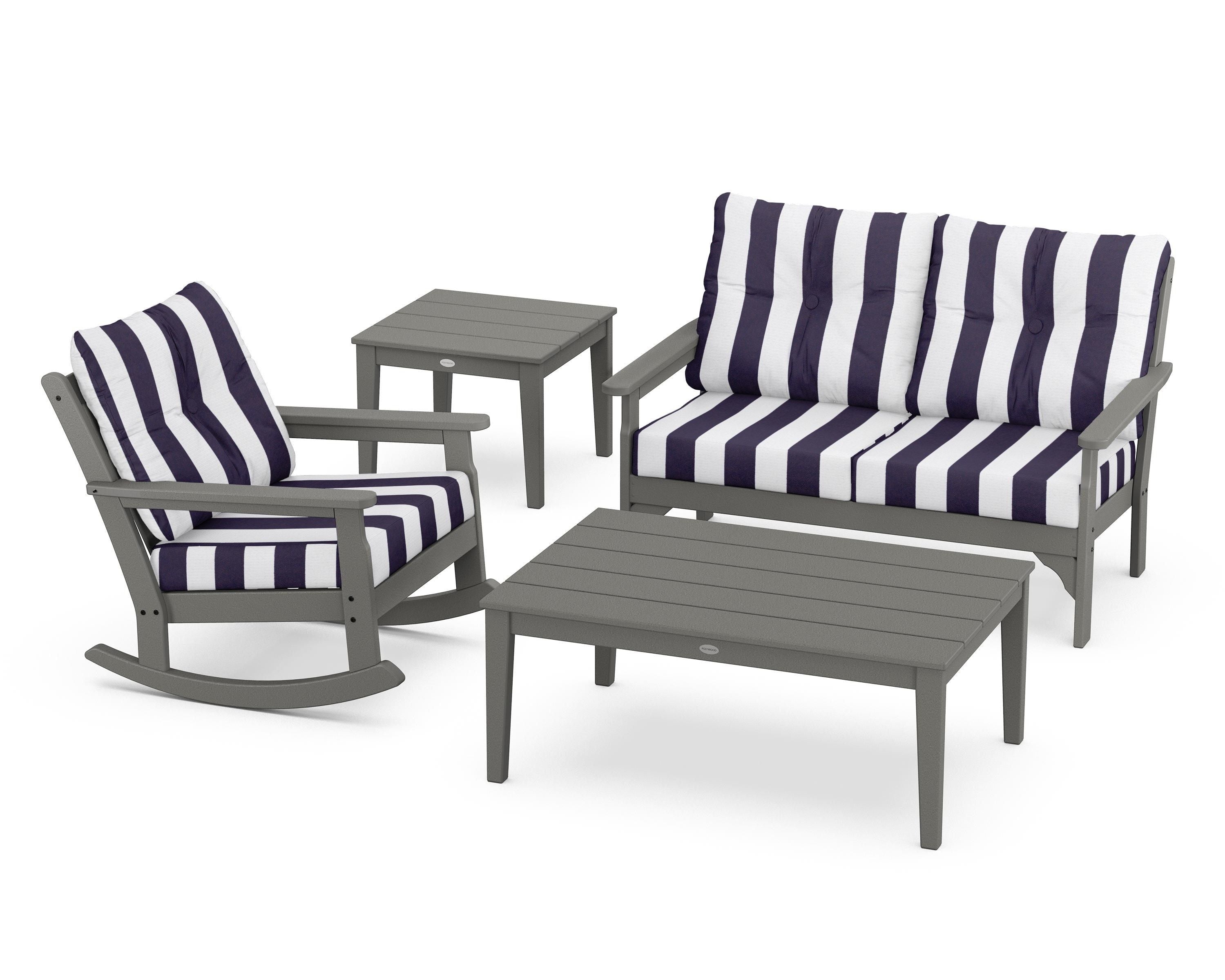 POLYWOOD® Vineyard 4-Piece Deep Seating Rocker Set in Slate Grey / Cabana Stripe Navy