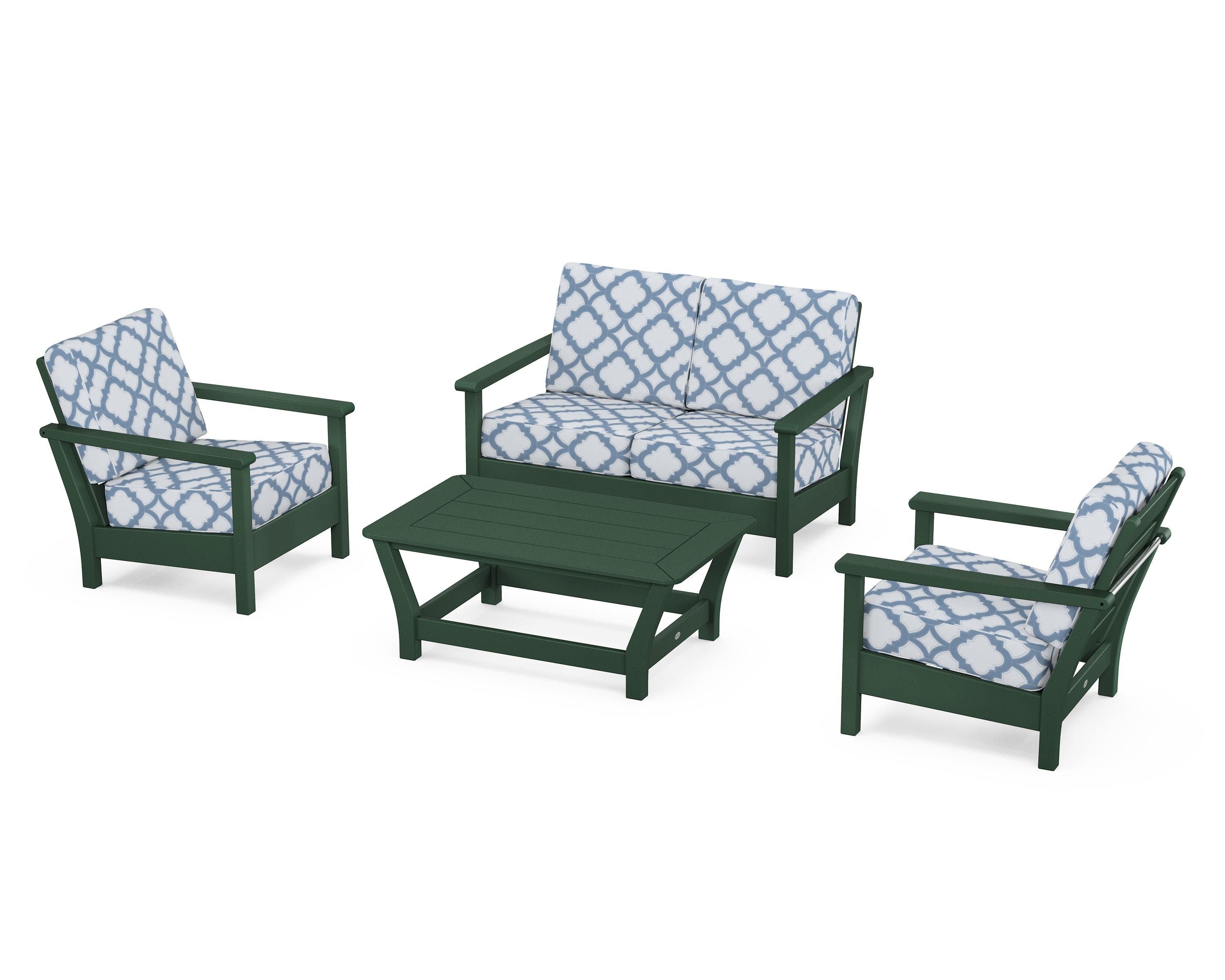 POLYWOOD® Harbour 4-Piece Deep Seating Set in Green / Trellis Sky Blue