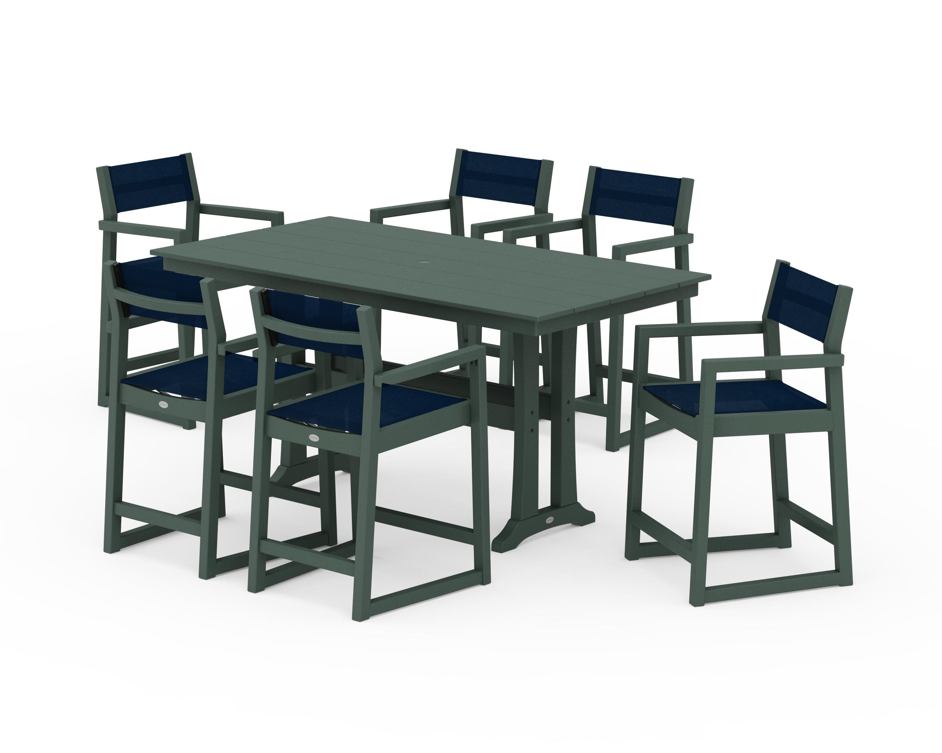 POLYWOOD® EDGE Sling Arm Chair 7-Piece Farmhouse Counter Set with Trestle Legs in Green / Navy Blue Sling