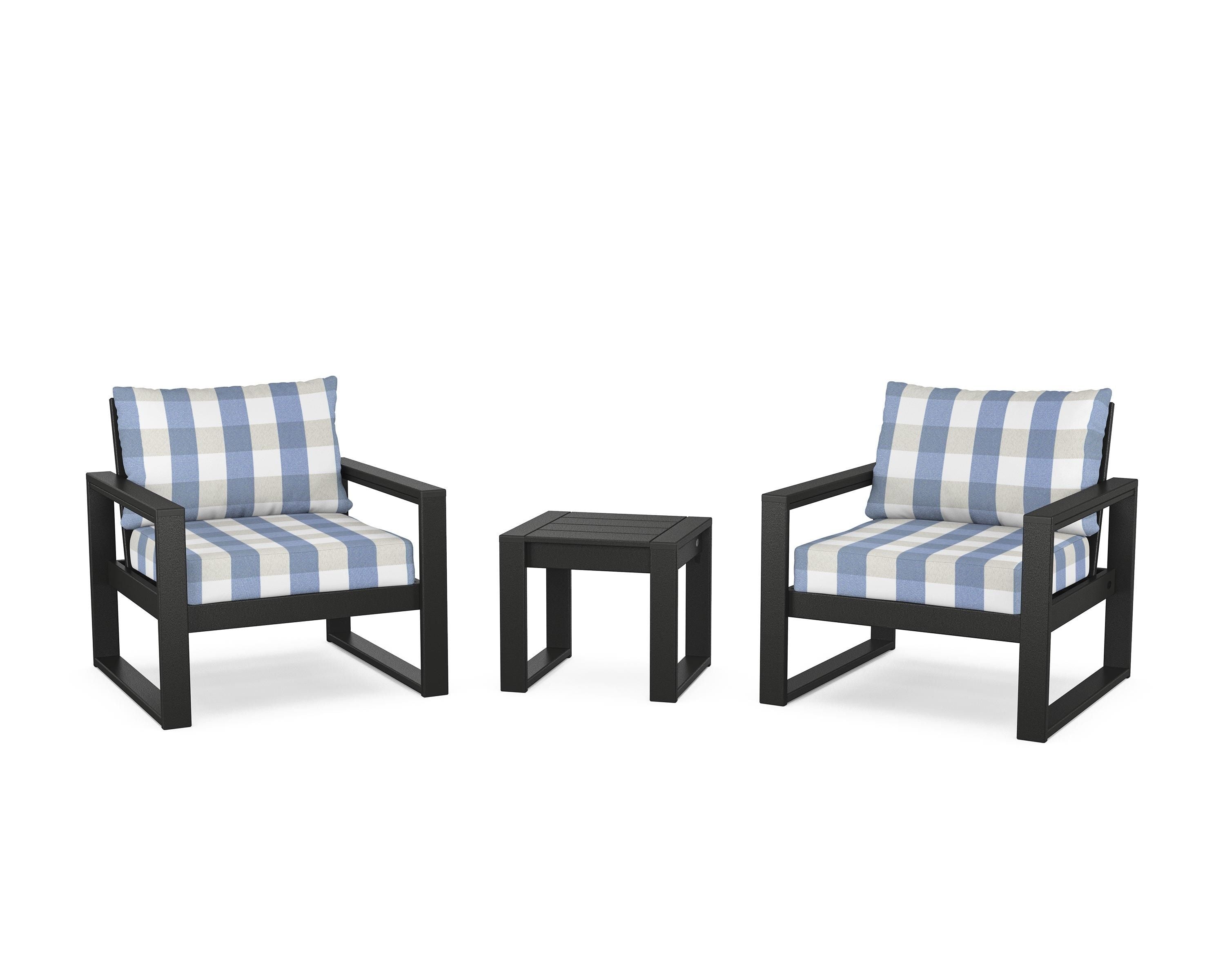 POLYWOOD® EDGE Sectional 3-Piece Deep Seating Set in Black / Buffalo Plaid Sky Blue
