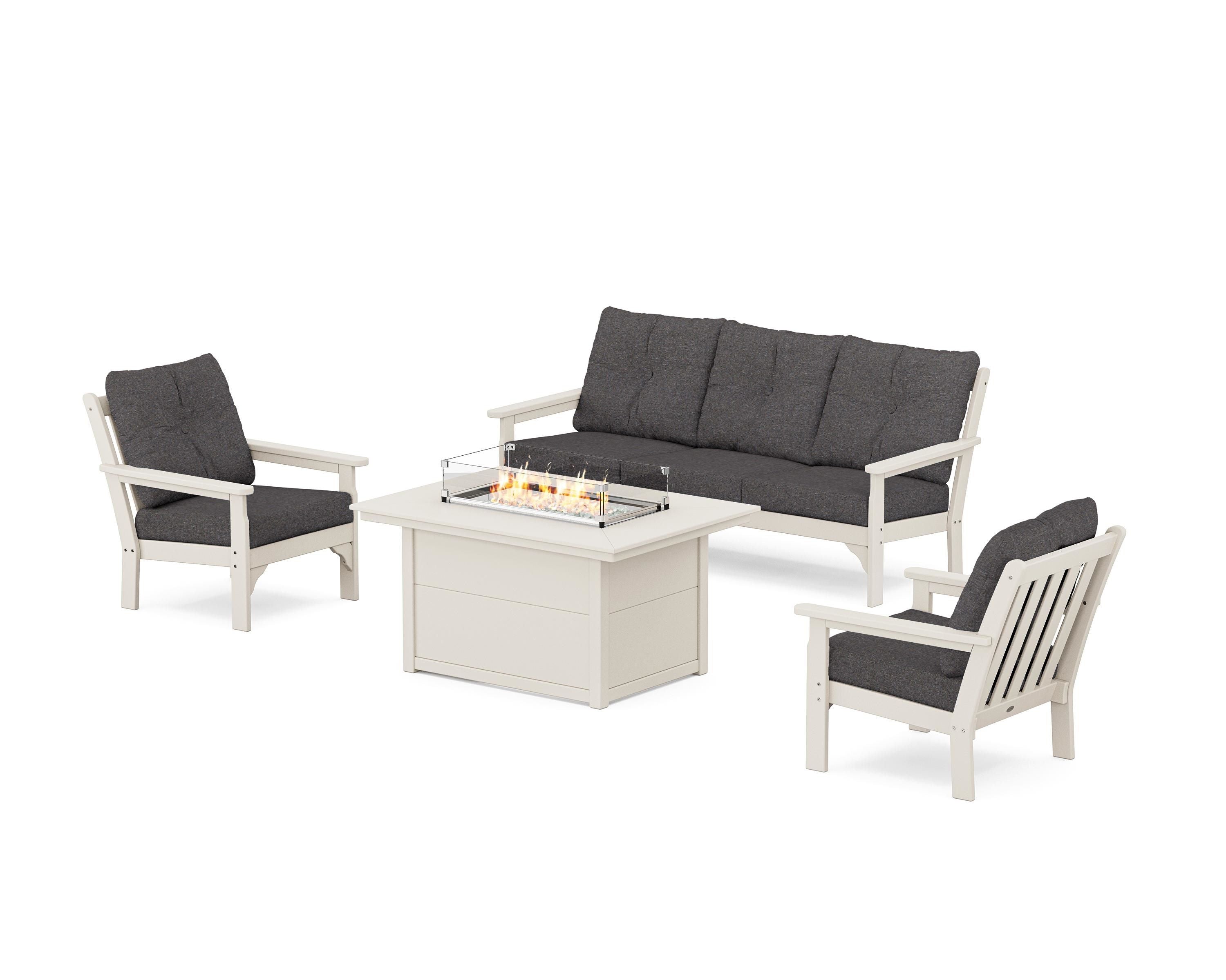 POLYWOOD® Vineyard Deep Seating Fire Pit Table Set in Sand / Ash Charcoal