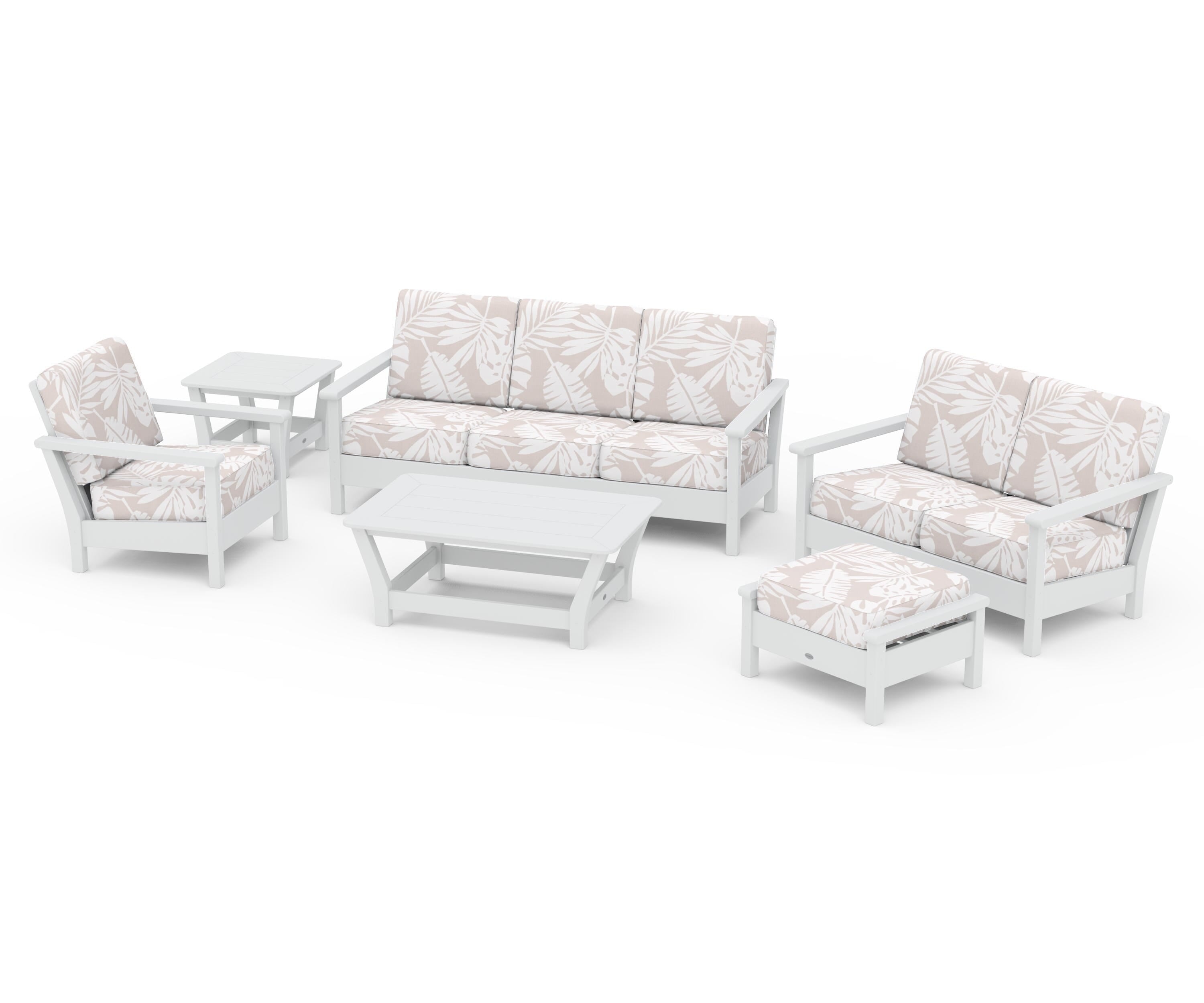POLYWOOD® Harbour 6-Piece Outdoor Living Set in White / Leaf Dune Burlap