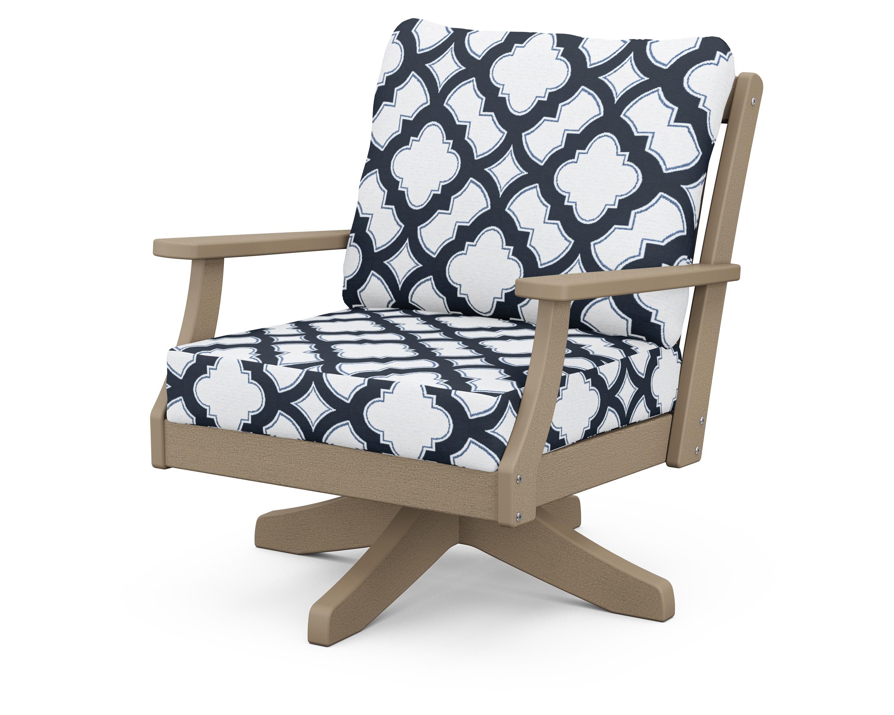 POLYWOOD® Braxton Deep Seating Swivel Chair in Vintage Sahara / Trellis Marine Indigo