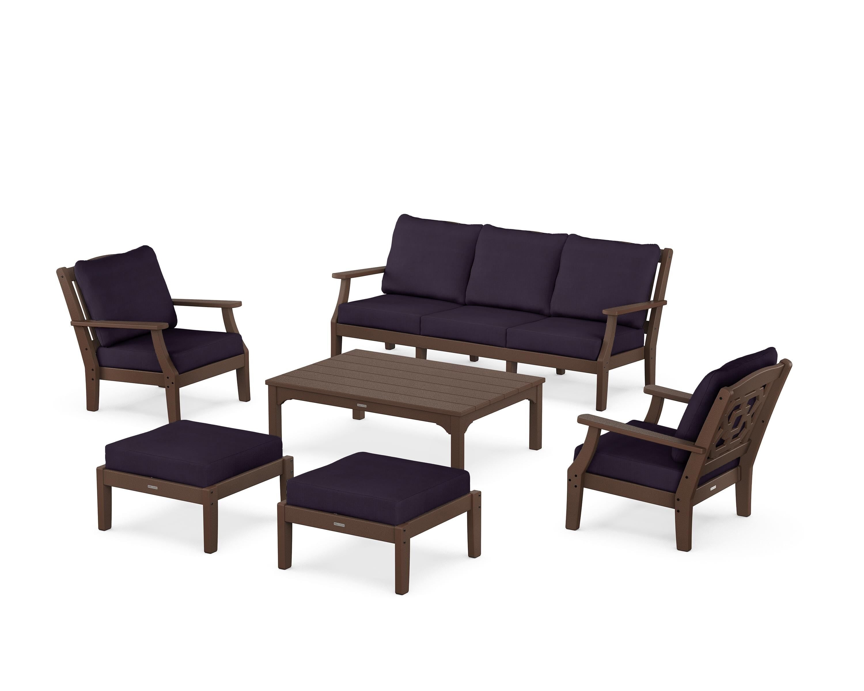 Martha Stewart by POLYWOOD® Chinoiserie 6-Piece Lounge Sofa Set in Mahogany / Navy Linen