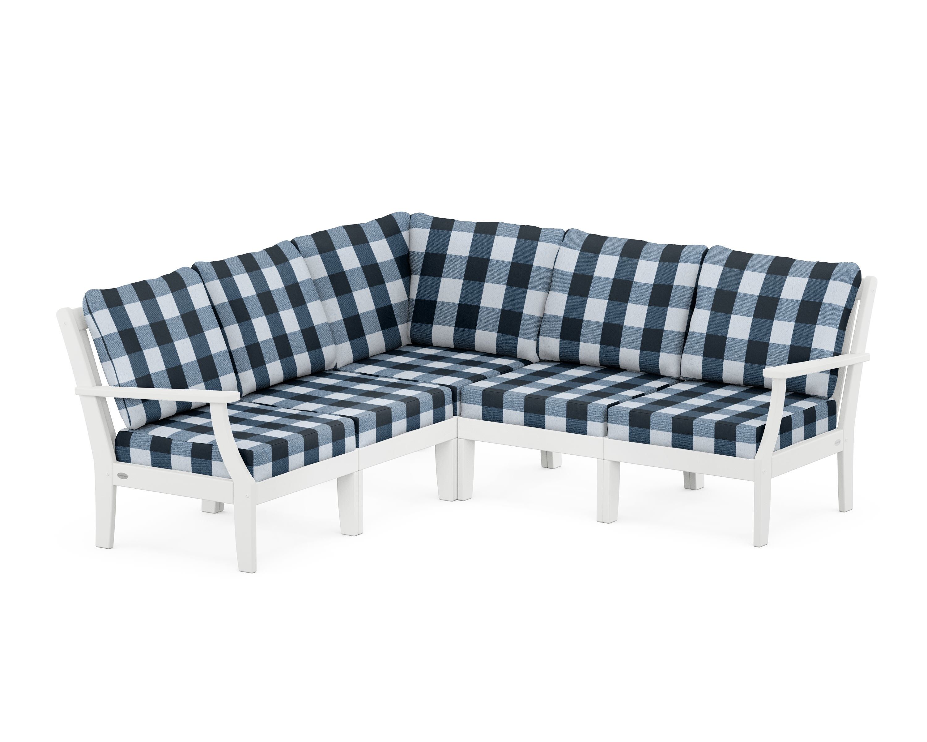 POLYWOOD® Braxton Modular 5-Piece Deep Seating Set in White / Buffalo Plaid Marine Indigo