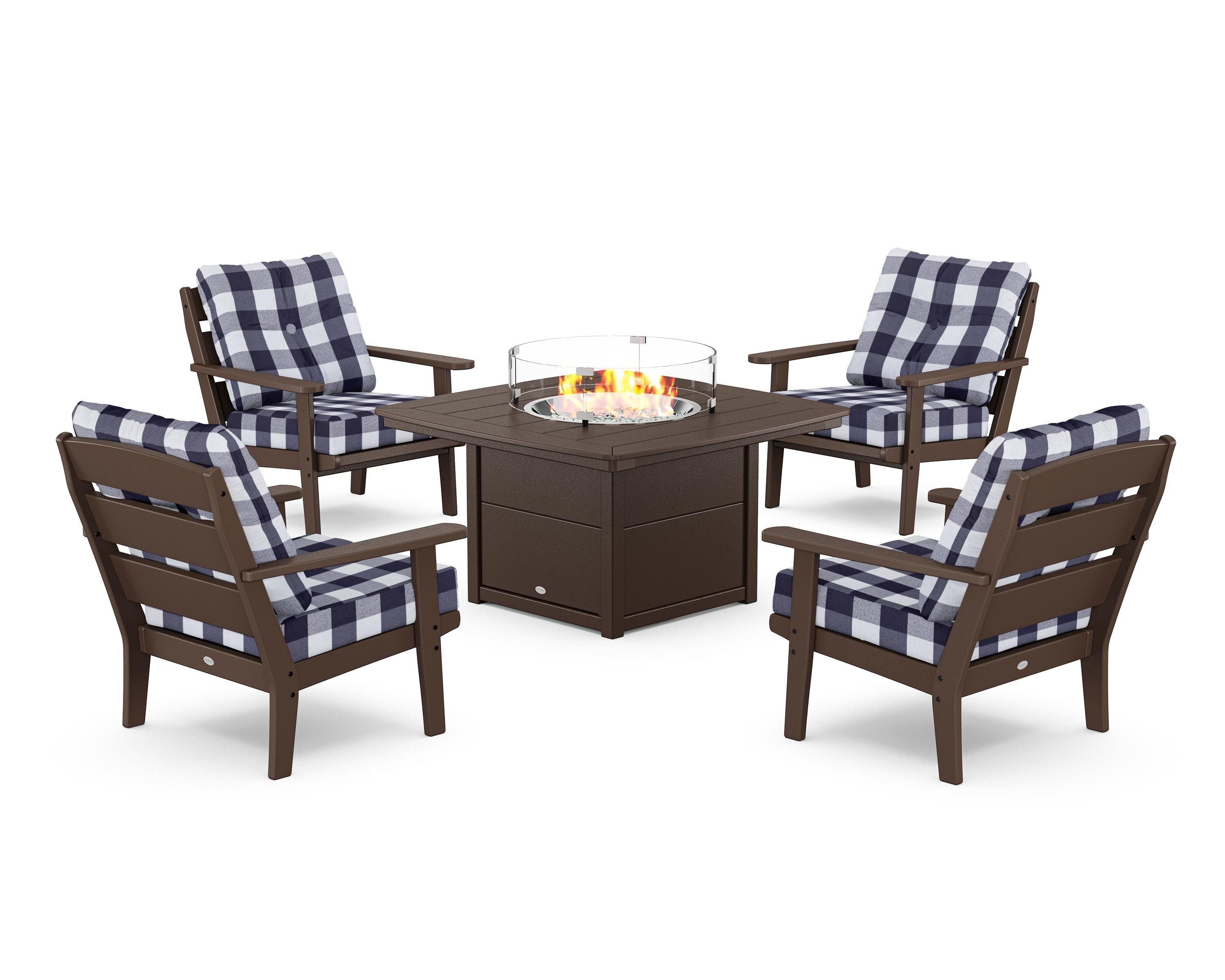POLYWOOD® Lakeside 5-Piece Deep Seating Set with Nautical Fire Pit Table in Mahogany / Buffalo Plaid Navy